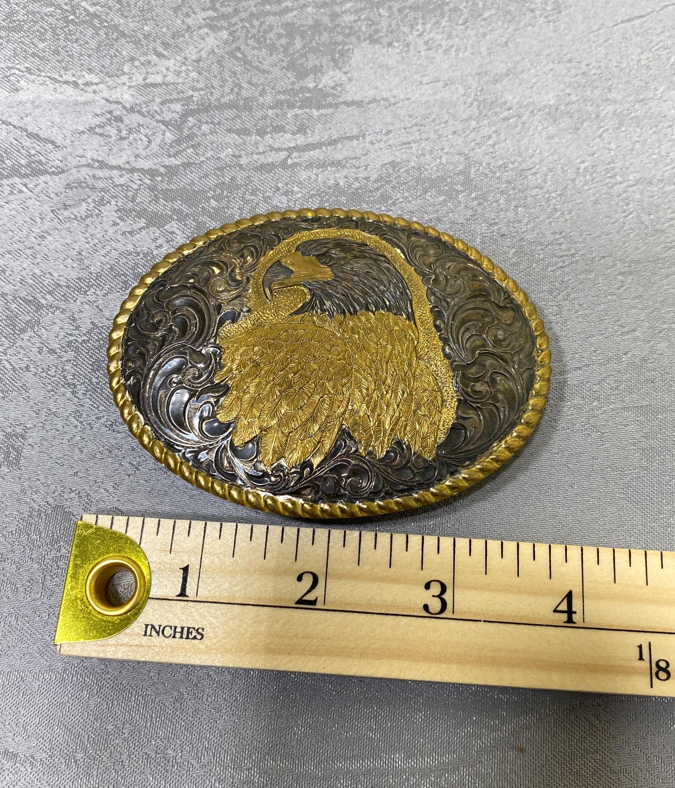 Vintage Crumrine Belt Buckle Mens Silver Plate Gold Eagle Western USA Oval