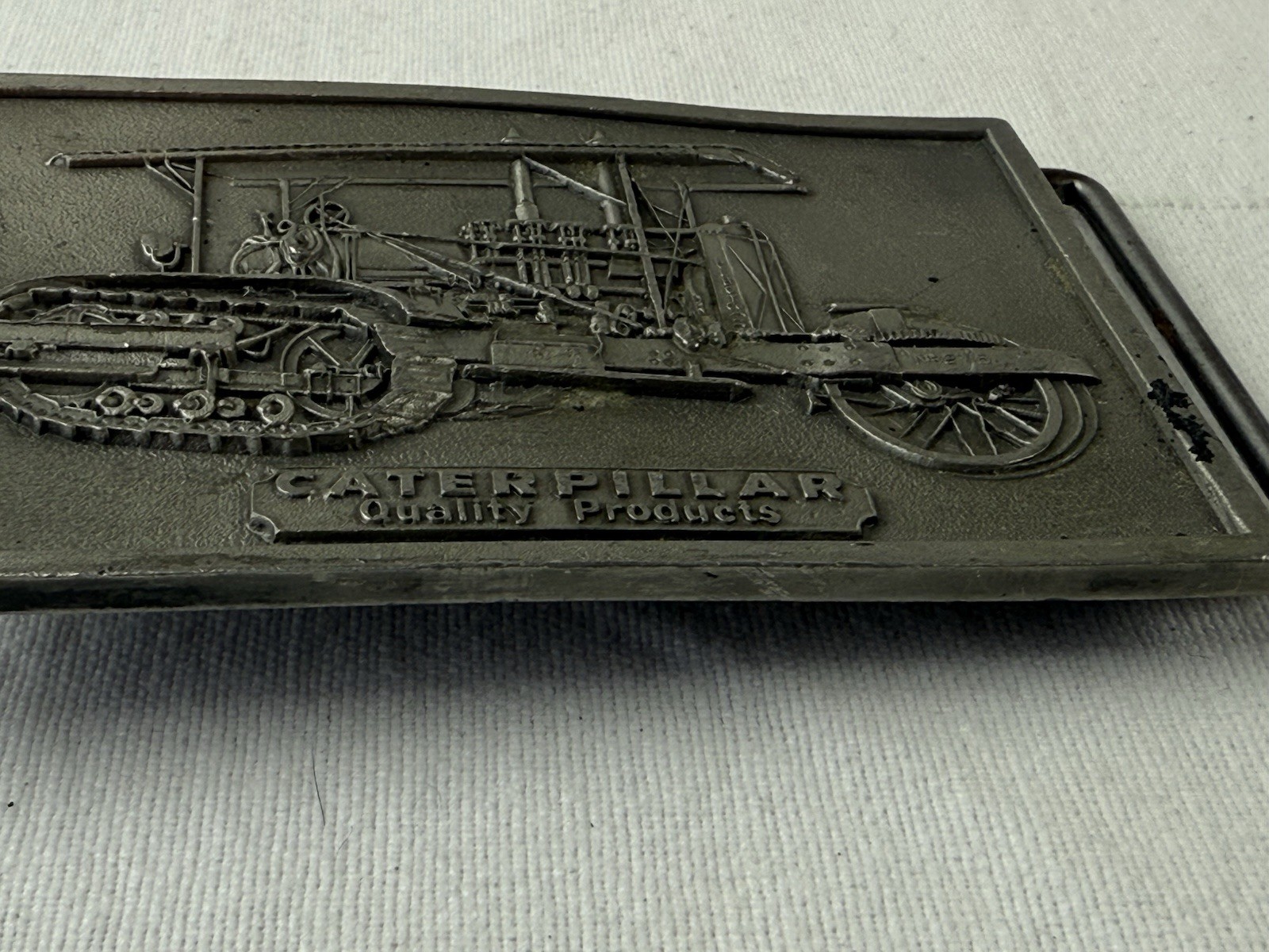 VTG Caterpillar Old Tractor Belt Buckle Rectangle 1975 Pewter 3.5in By 2.25in