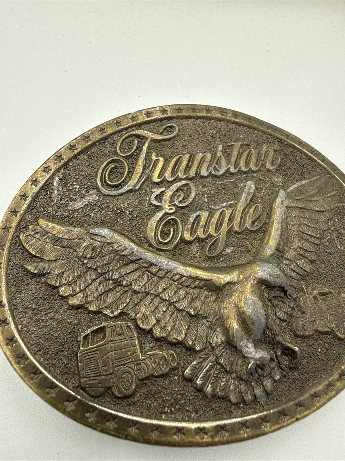 vintage 1970s western TRANSTAR EAGLE belt buckle SEMI-TRUCK cowboy TRUCKER brass