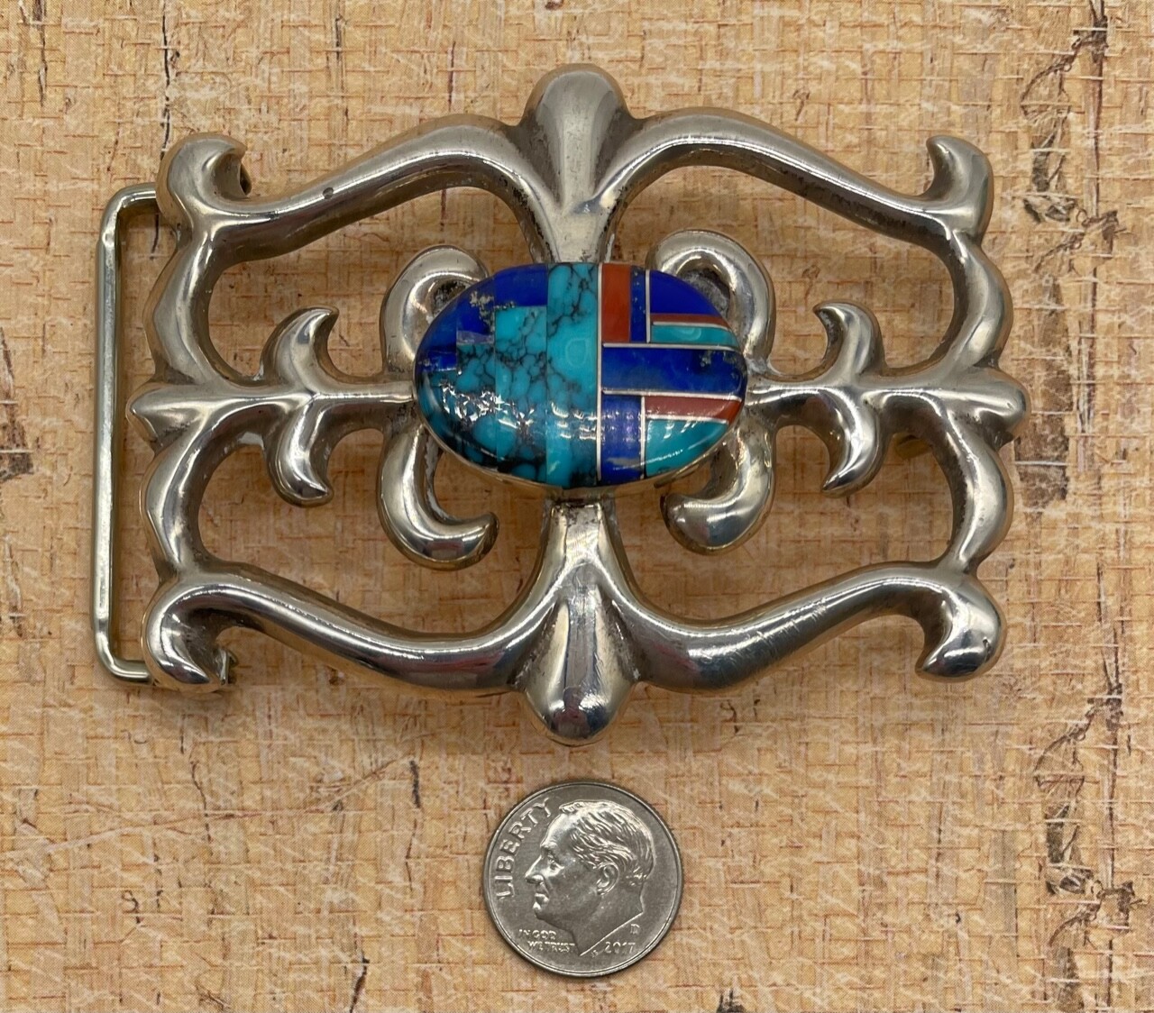 Sterling Silver Sand Cast Turquoise Belt Buckle by FL Begay (Navajo) 53g