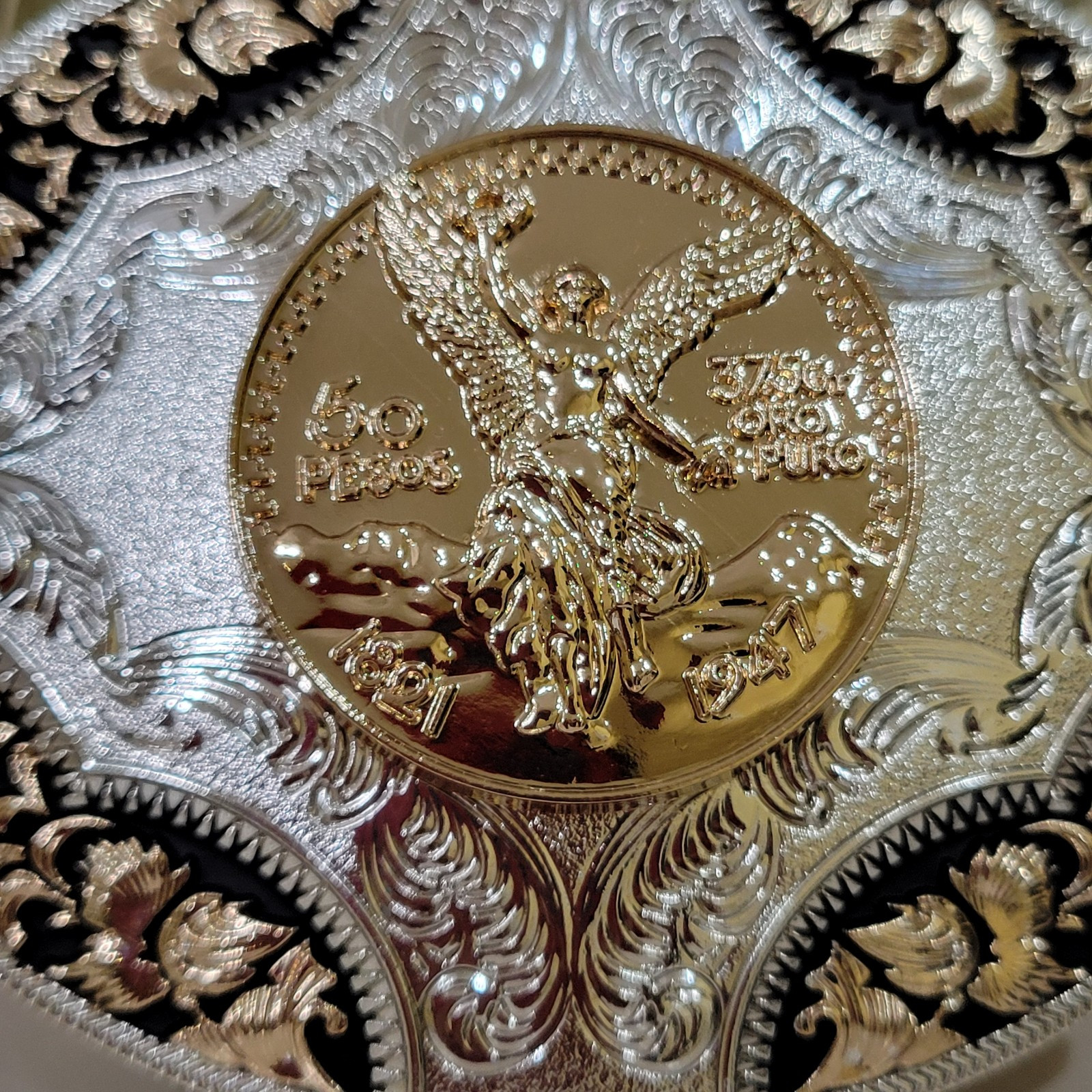 Centenario Cowboy Belt Buckle Western Hebilla Rodeo Silver Rosetone Coin Oval