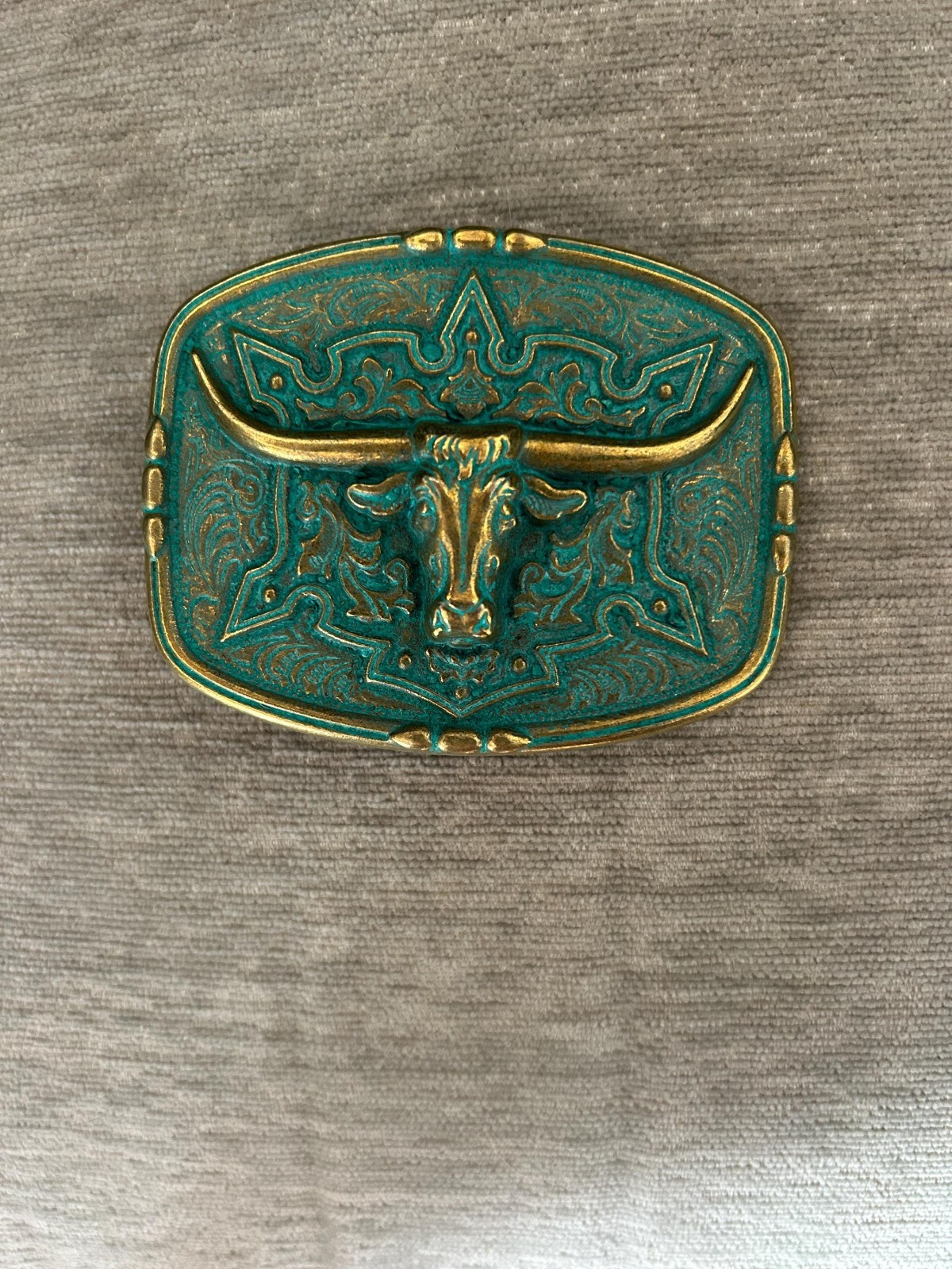 Longhorn Steer Skull Belt Buckle Patina Western Cowboy Bull Cow Green Gold