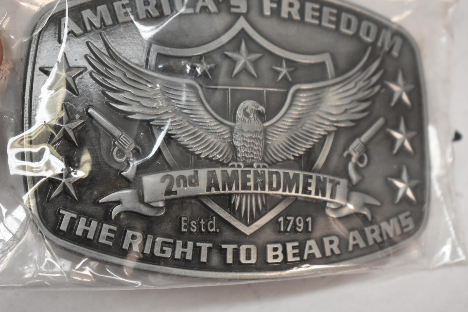 2nd Amendment Belt Buckle Mens Gray Metal Western Eagle Right To Bear Arms