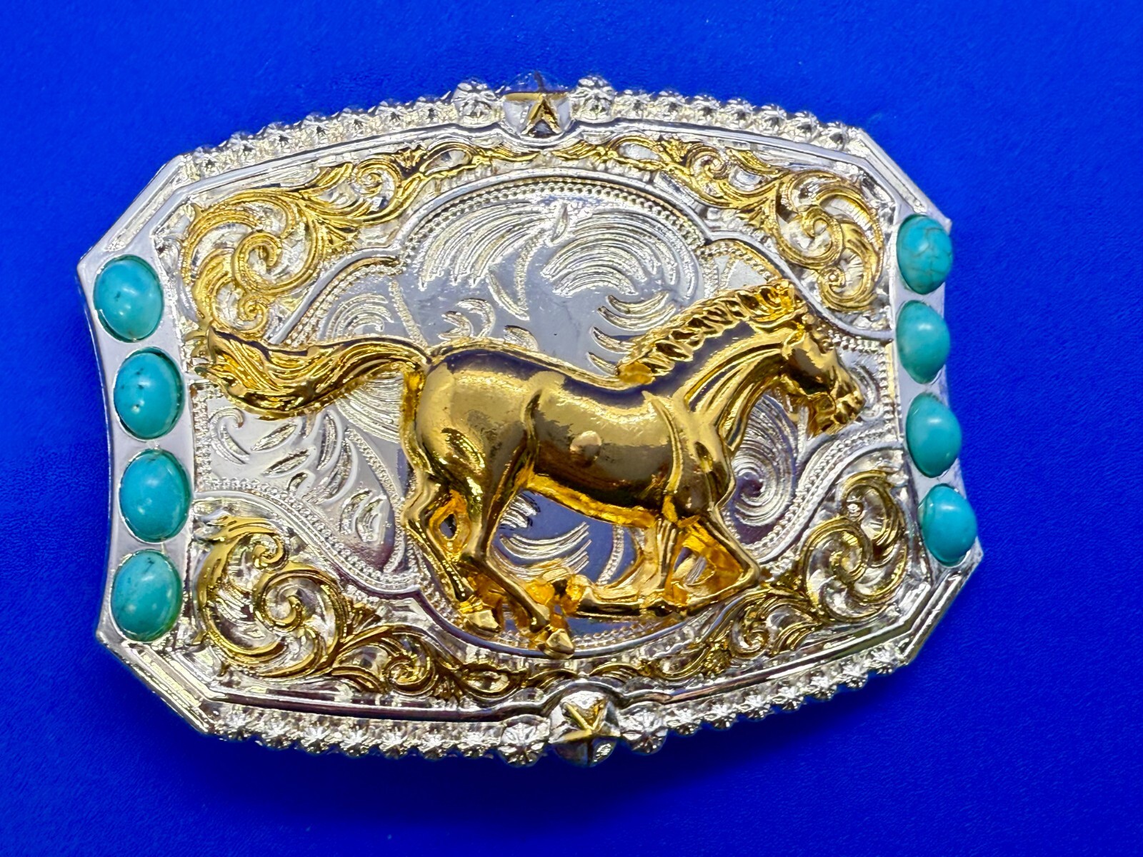 Running Galloping Mustang Stallion Horse W/ Faux Turquoise Stones Belt Buckle
