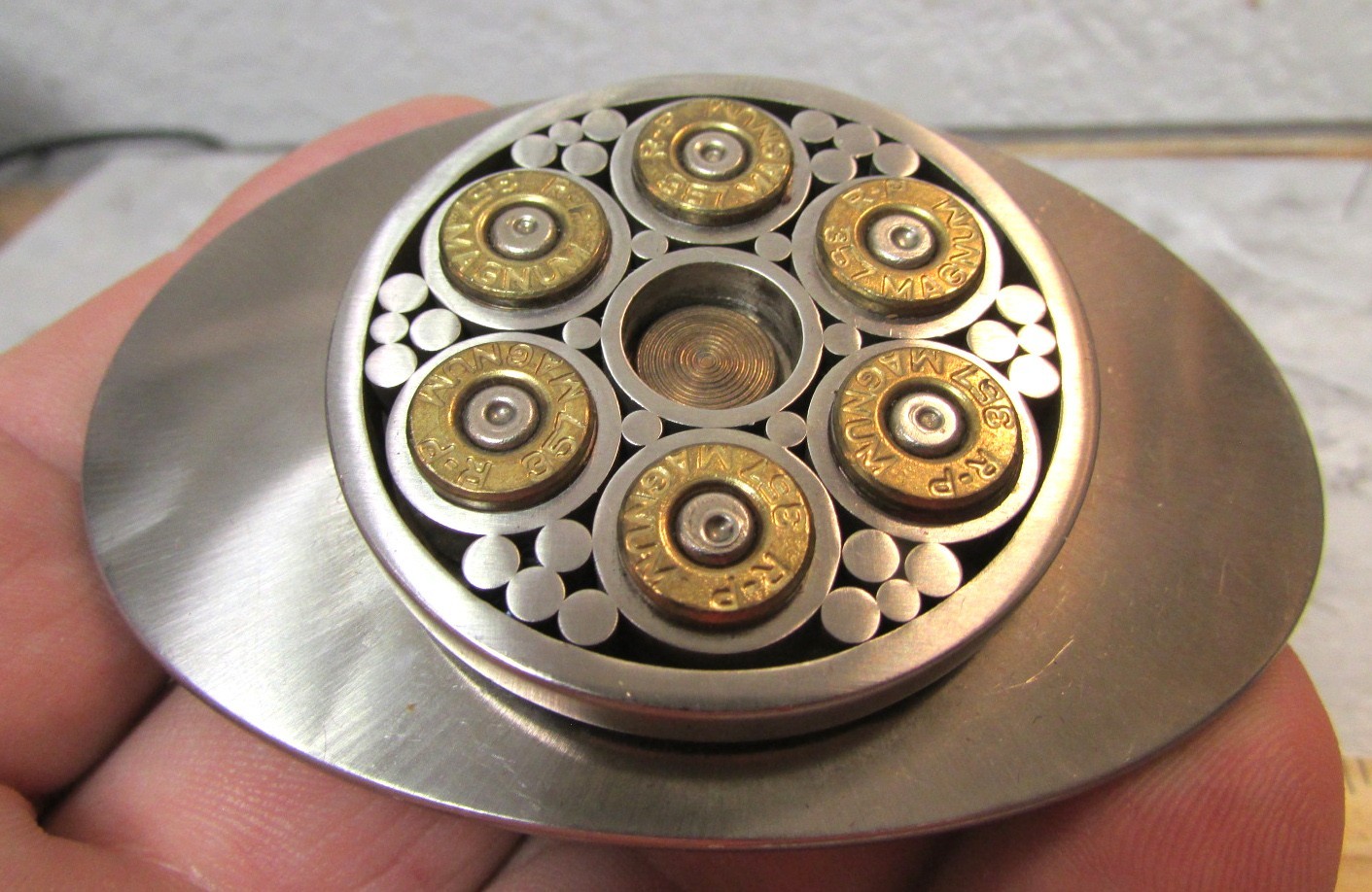 Alaska Hand Made 357 magnum Bullet spinning center Belt Buckle, belt size 1.5 in