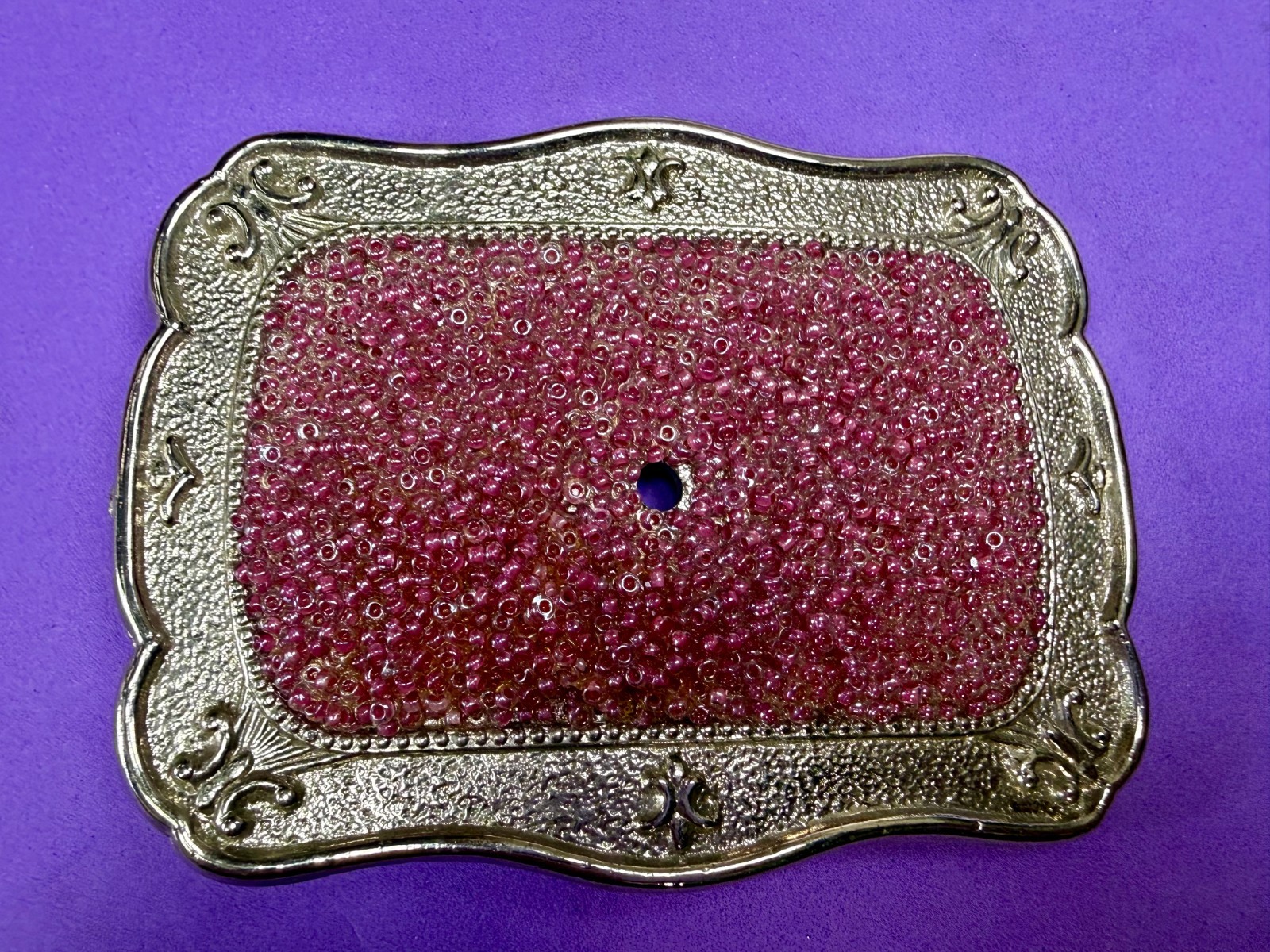 Rectangular Red Pink Bead Covered Belt Buckle Center Hole For Craft Or Project