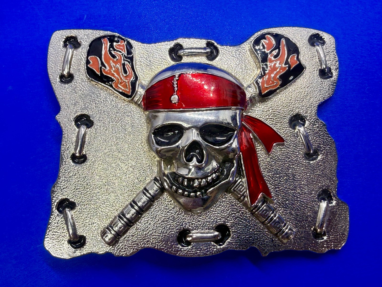 Raised Pirate Skull in Red Bandana Swords Gothic Punk Biker Vibe Belt Buckle