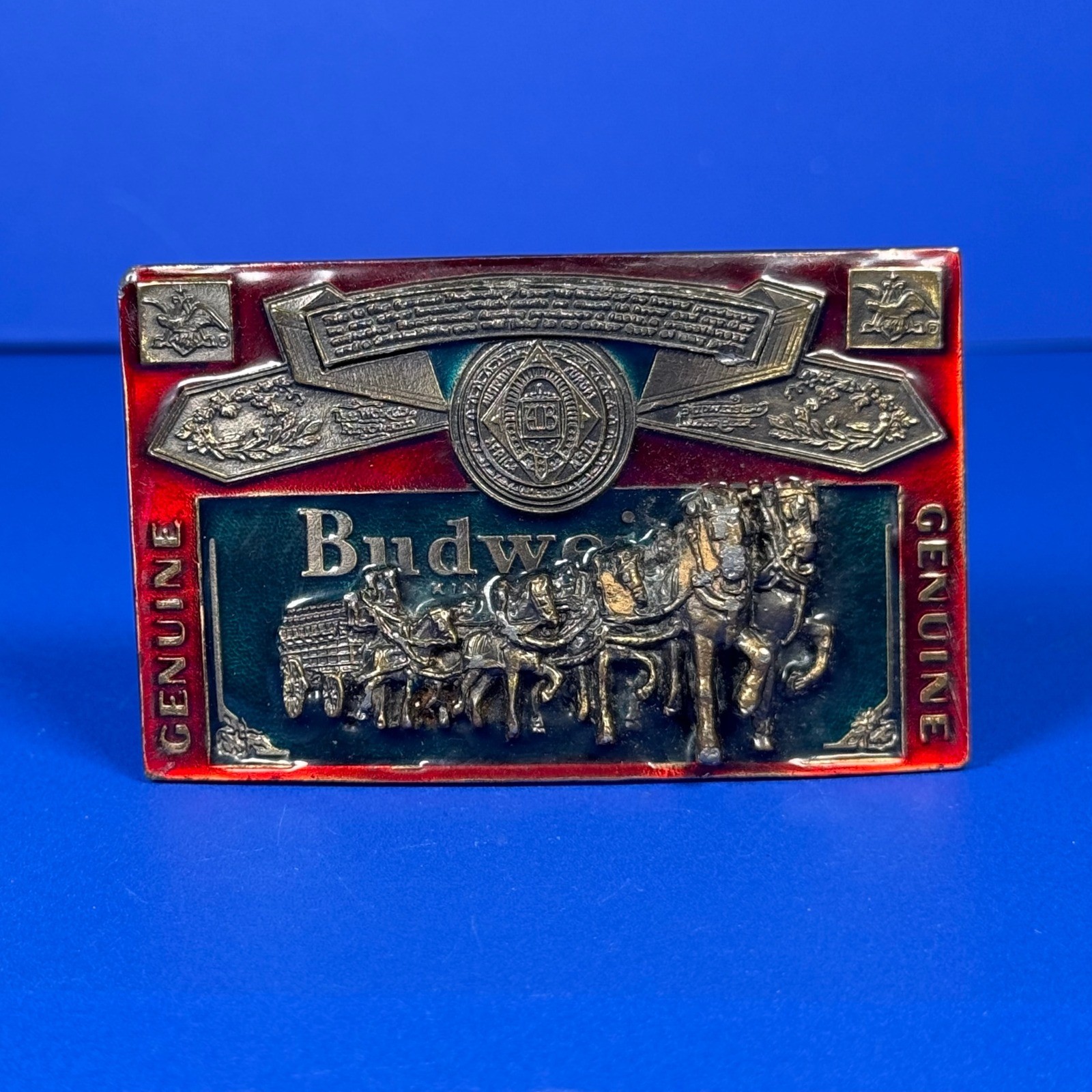 VTG Budweiser Clydesdales Belt Buckle Red Enamel Made in USA 820 Genuine