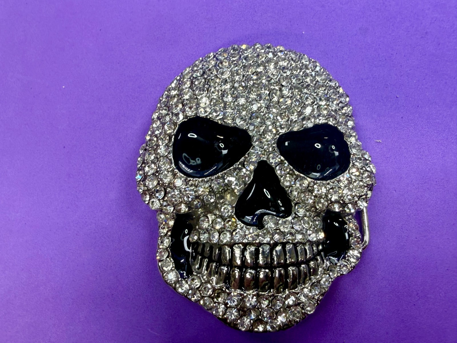 Creepy Skull Grinning Teeth Black Enamel Clear Rhinestone Covered Belt Buckle