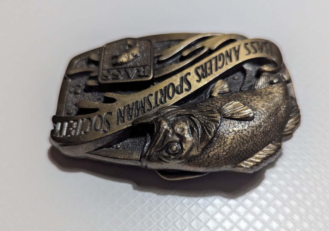 Bass Anglers Sportsman Society Brass Belt Buckle Antique Brass Color 1980s