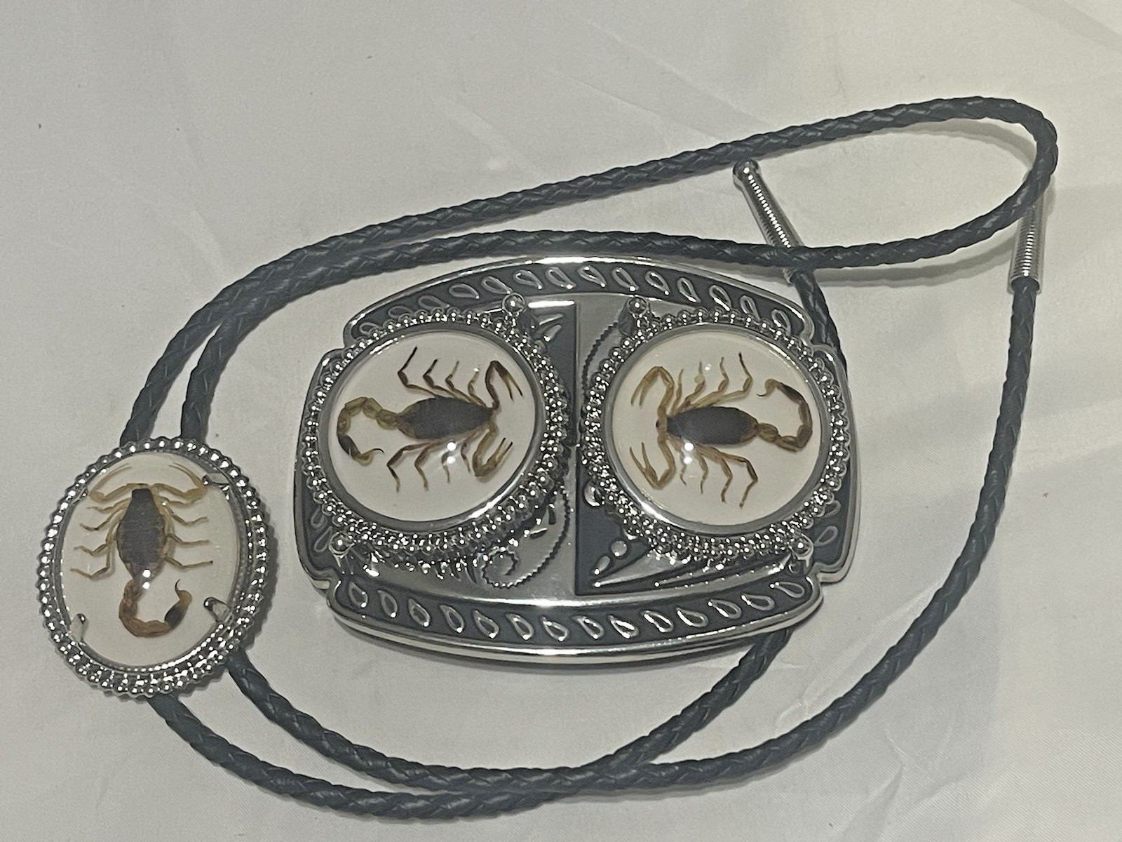 Silver tone Scorpion Belt Buckle and Bolo Set