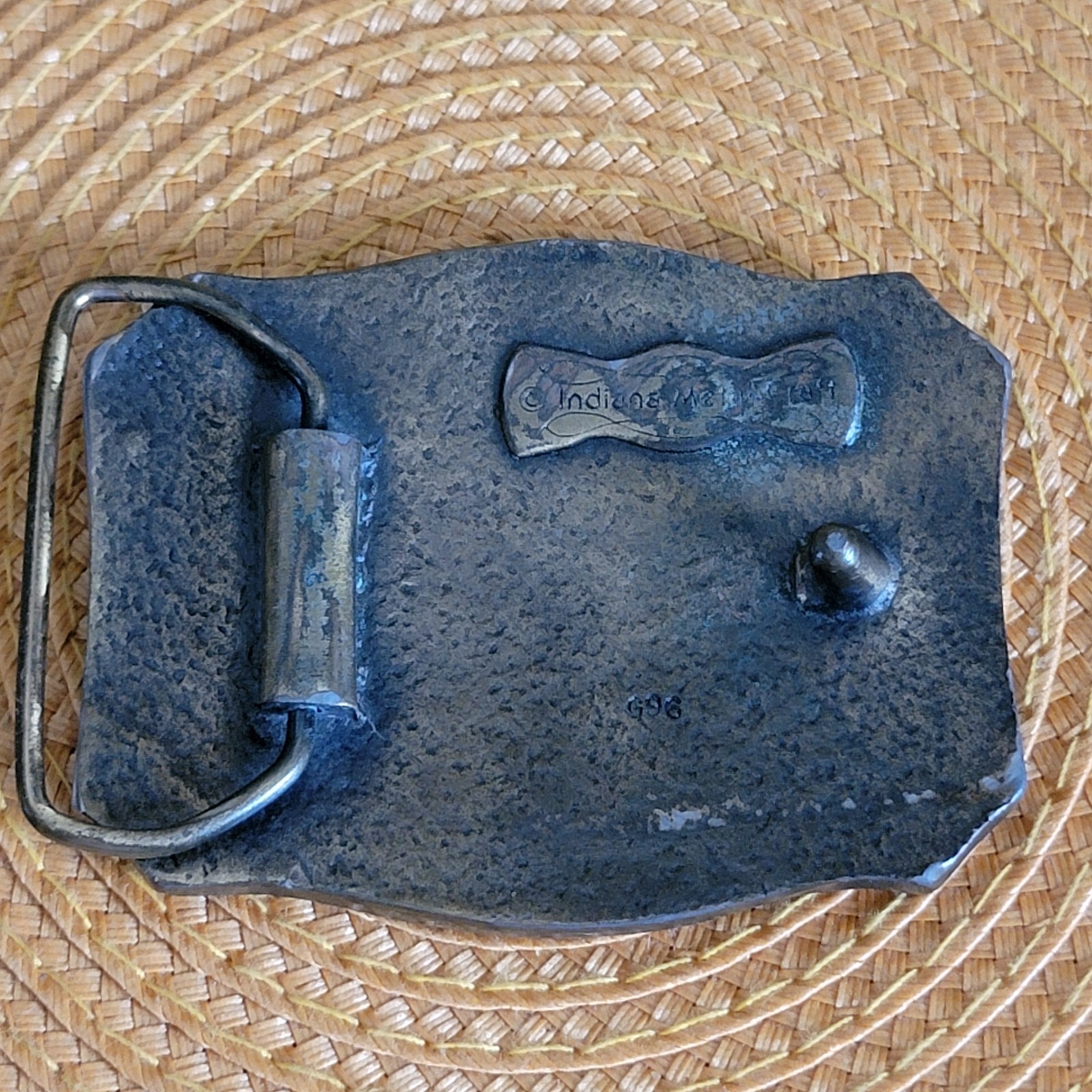 VTG New England Antiqued Brass Belt Buckle Embossed Country Road Indiana Metal