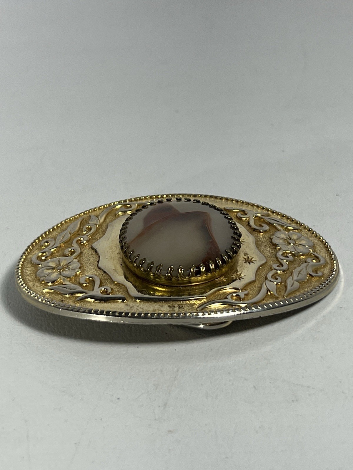 Gold Tone Western Belt Buckle w/Genuine Brazilian Agate Gemstone Stone (D)