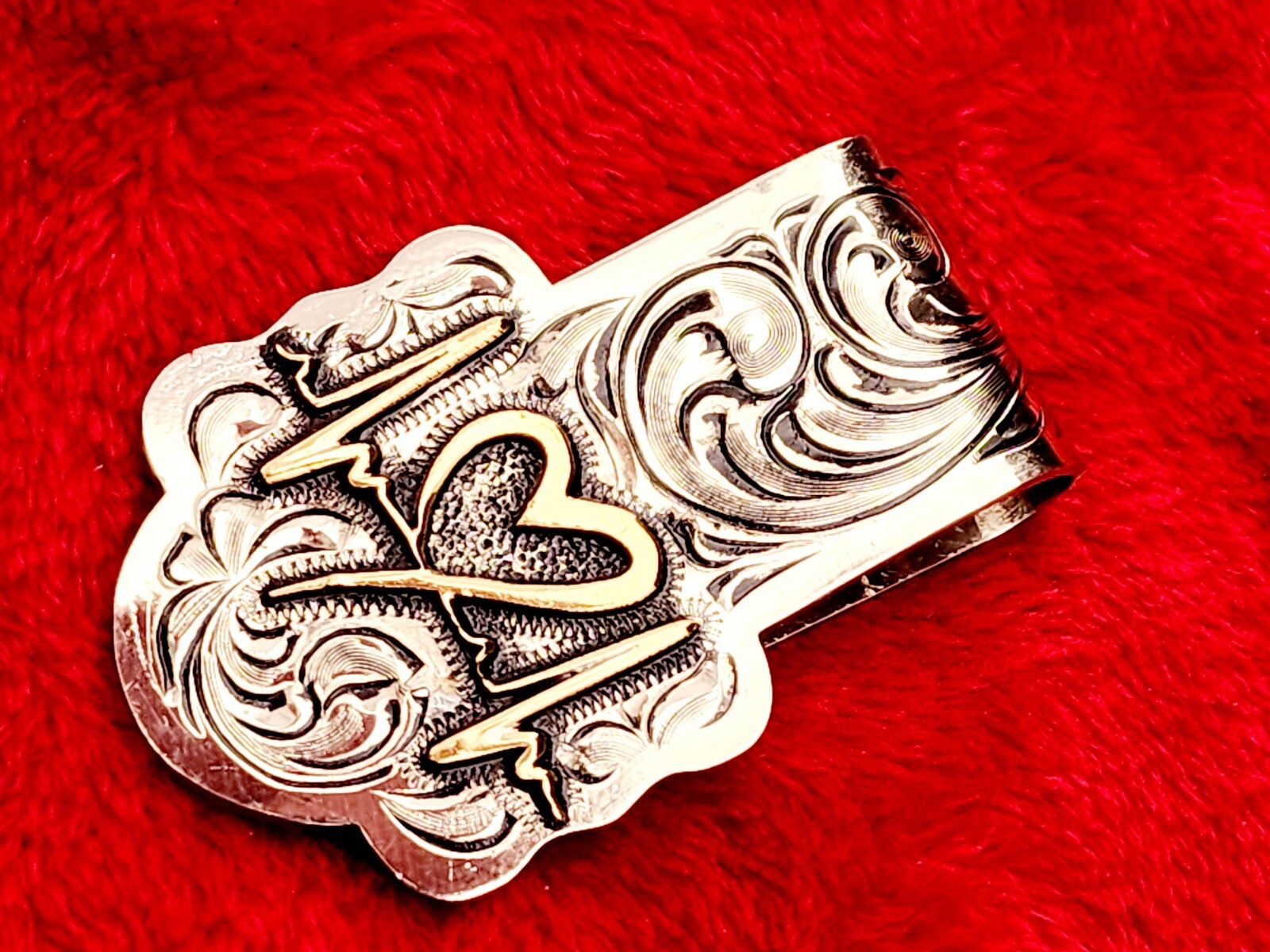 HEARTBEAT EMBLEM~HAND ENGRAVED MONEY CLIP $GERMAN SILVER & JEWLERS BRONZE
