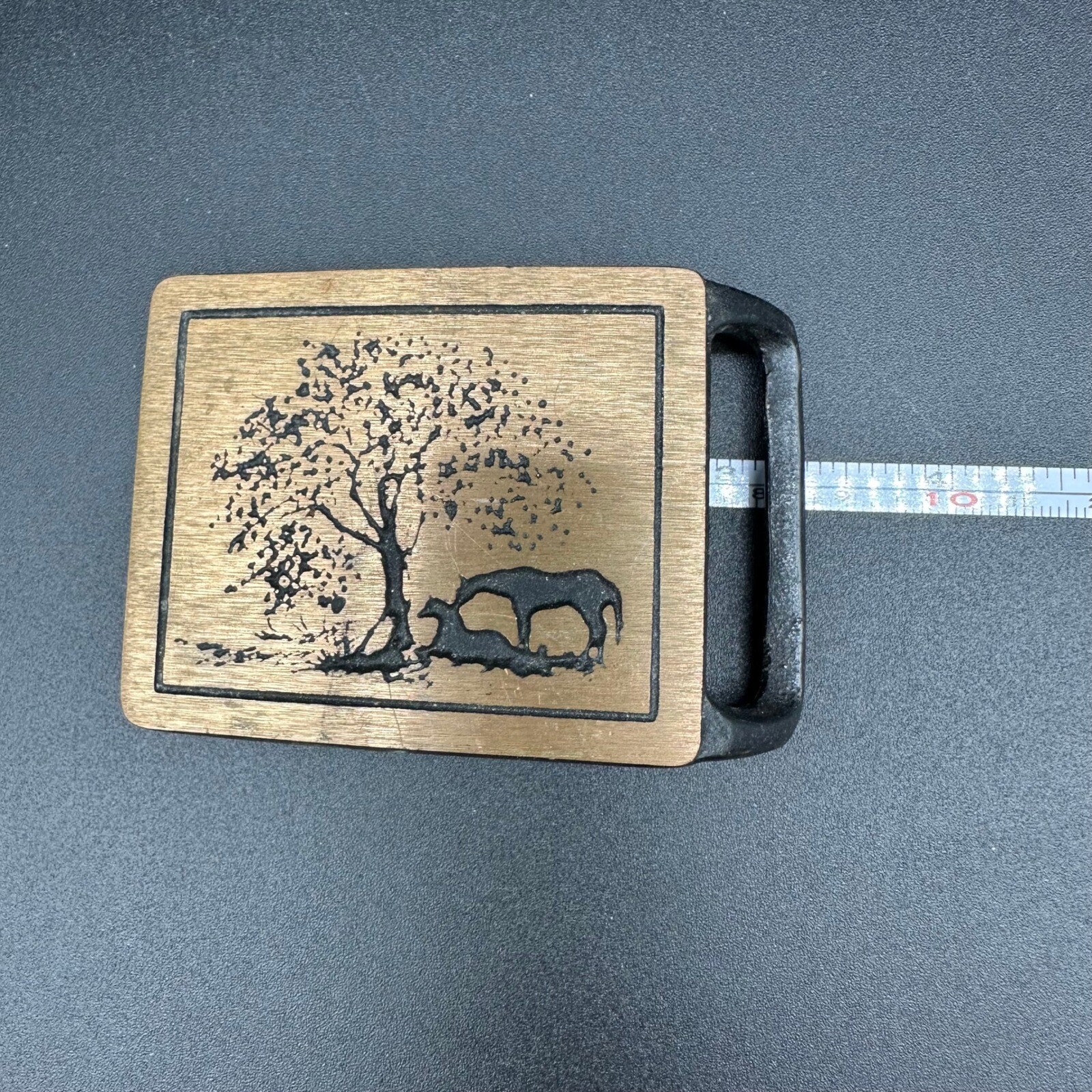 Vintage Teck-Ether Guild Brass Belt Buckle Two Horses Resting Tree Scene Cowboy