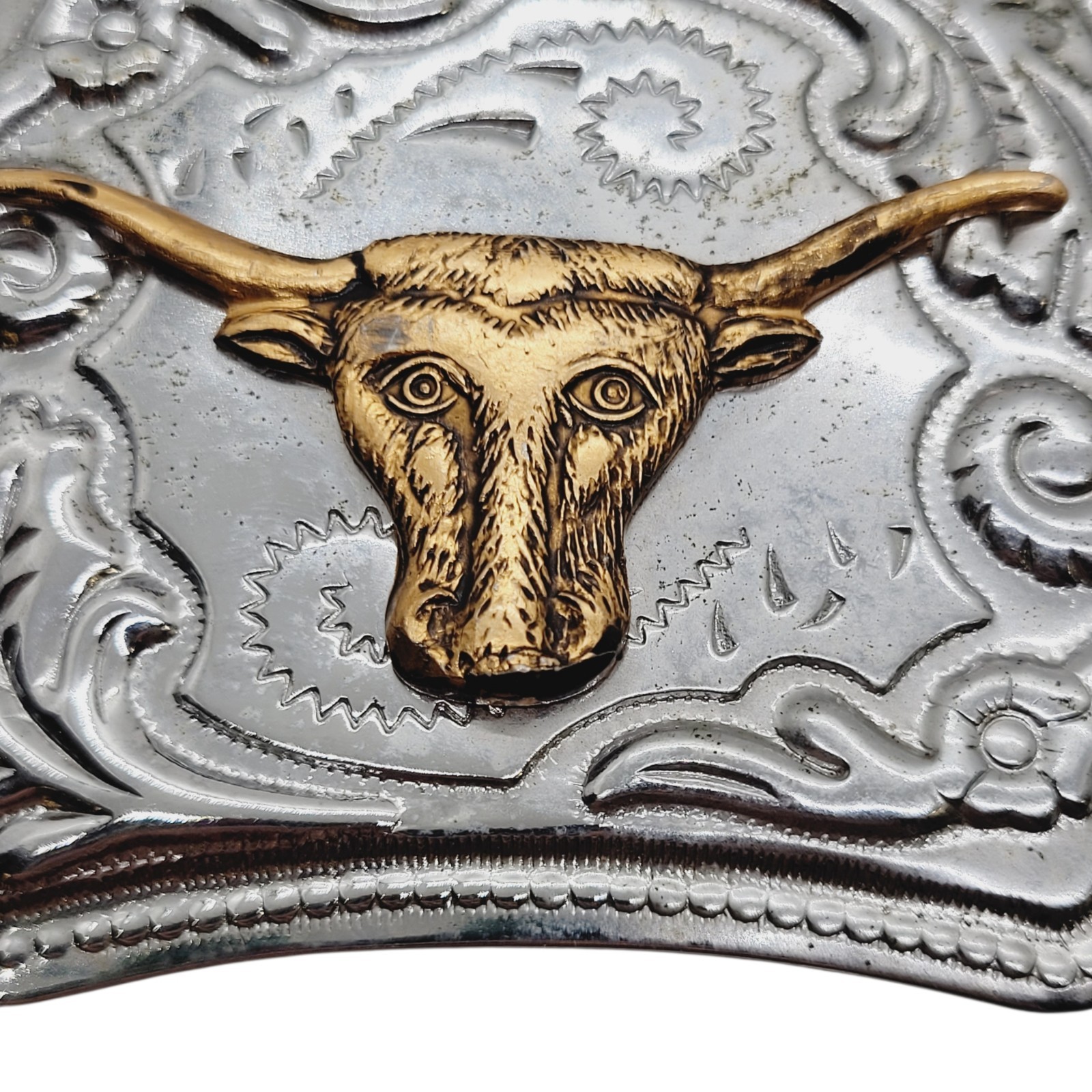 Silvertone Metal Belt Buckle Brass Longhorn Steer Head 1960s Western Cowboy