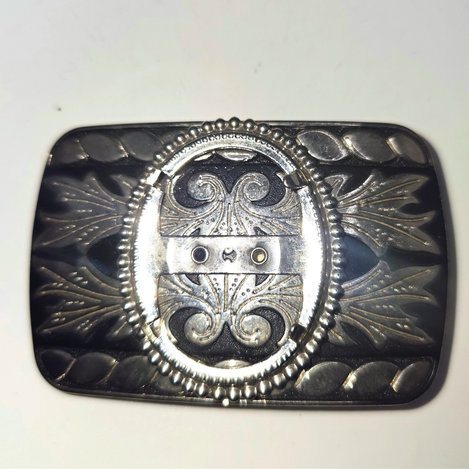 Vintage Silver Tone Western Belt Buckle Blank Black Filigree Scrollwork 30x40mm