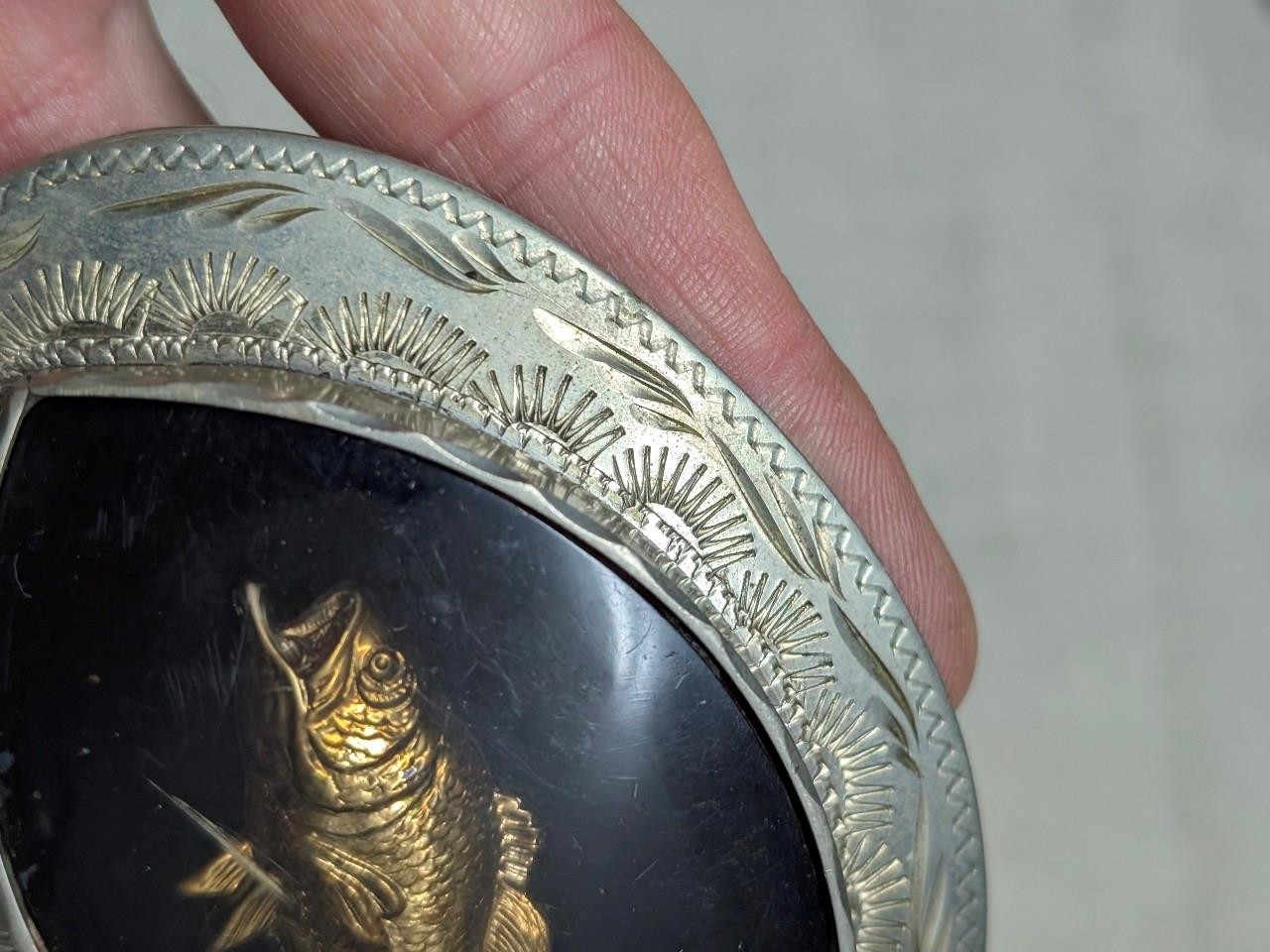 vintage HANDCRAFTED belt buckle FISHING western jewelry BASS german silver