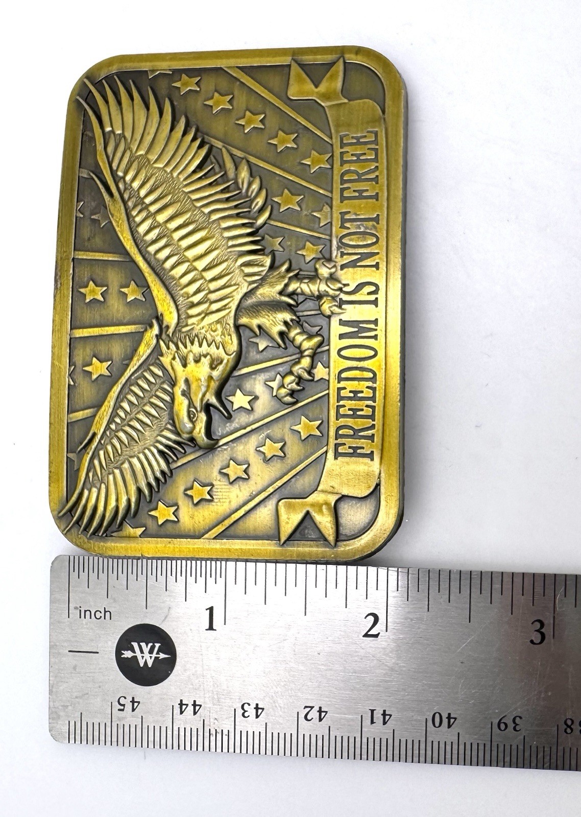 « Freedom Is Not Free » Brass Belt Buckle Eagle Stars 2014 Sponsor USA New