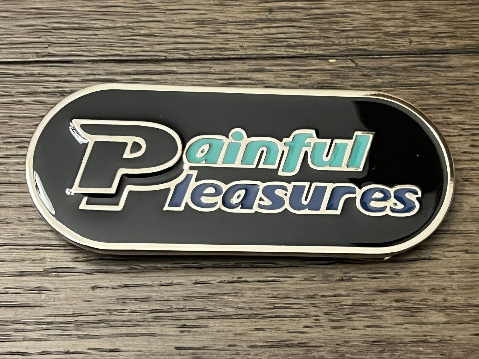 Painful Pleasures Enamel Belt Buckle Black Teal Blue Oval Logo Collectible Lapel