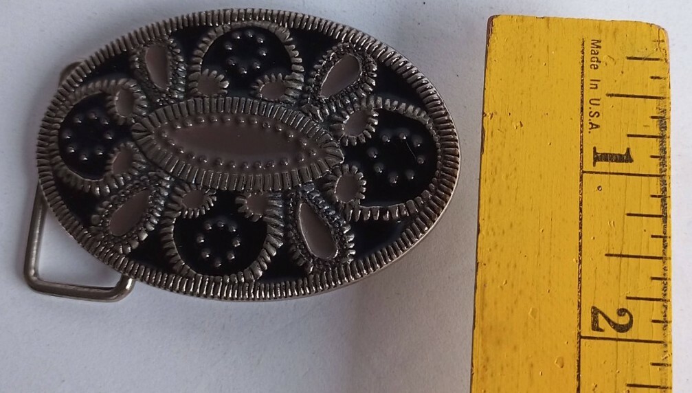 Cowboy Belt Buckle Gun Metal Silver Tone Western Black Enamel Pattern