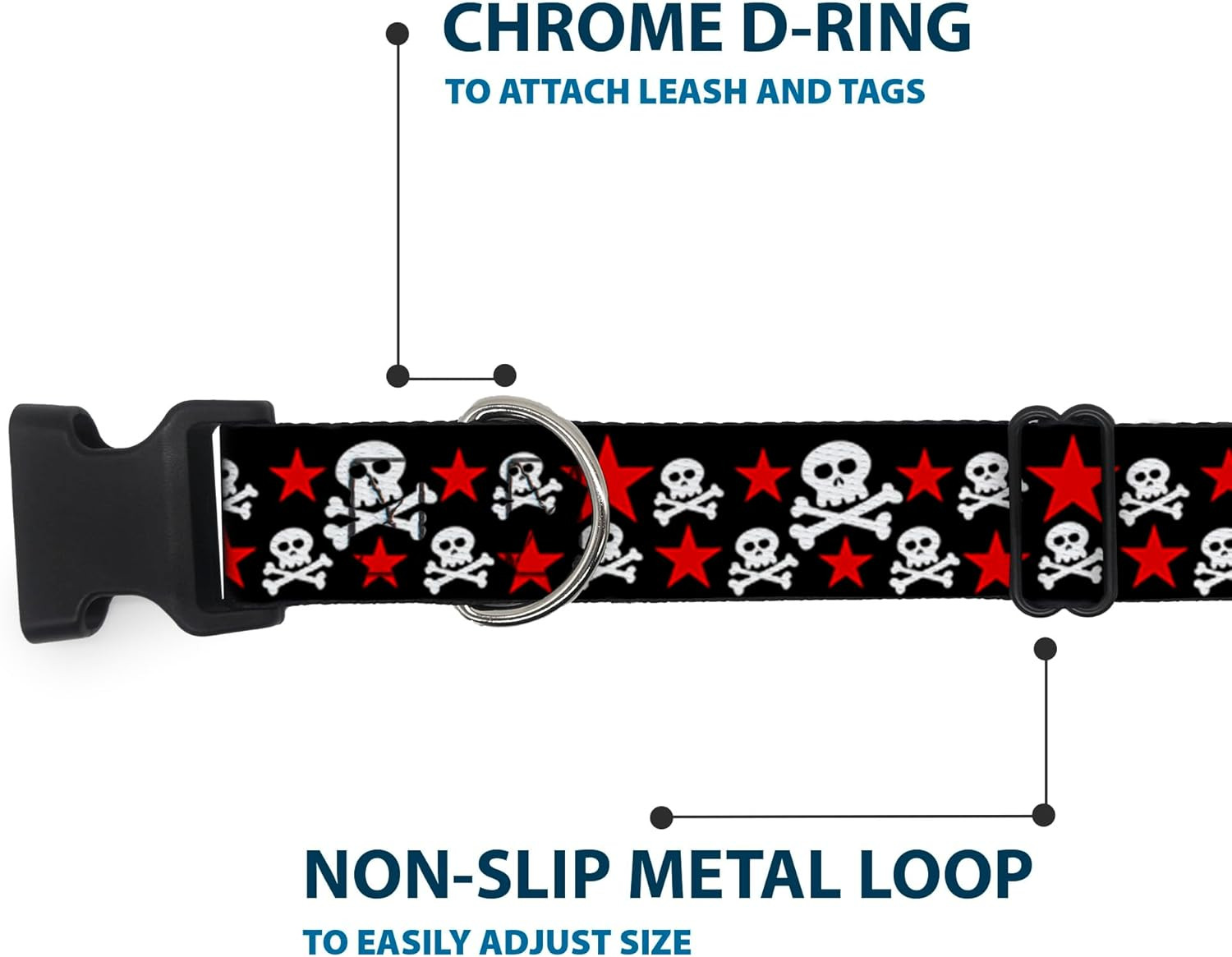 18-32&Prime; Skulls & Stars Black/White/Red Plastic Clip Collar, Wide Large