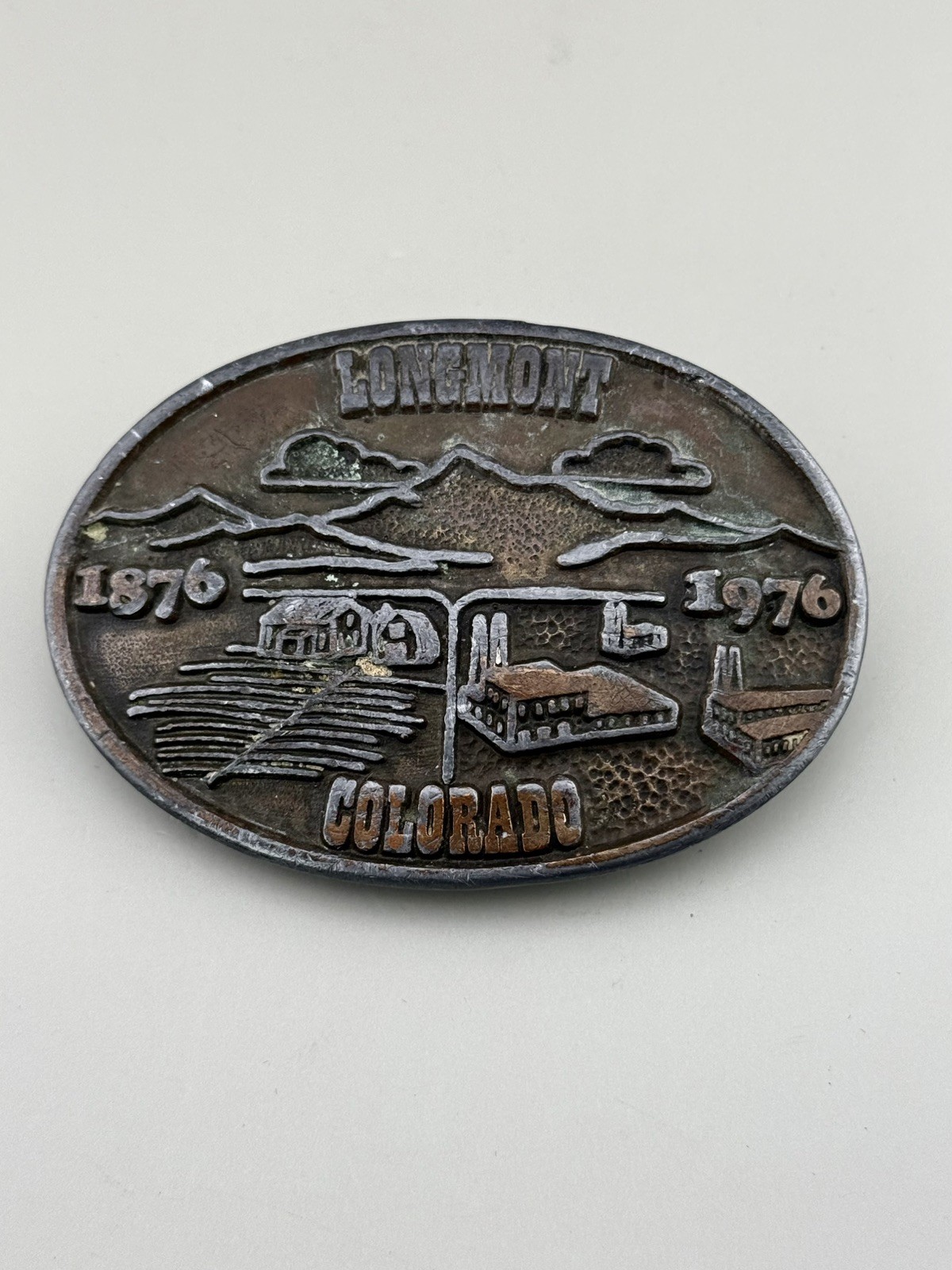1976 Longmont Colorado Centennial Belt Buckle Rocky Mountains Statehood Era