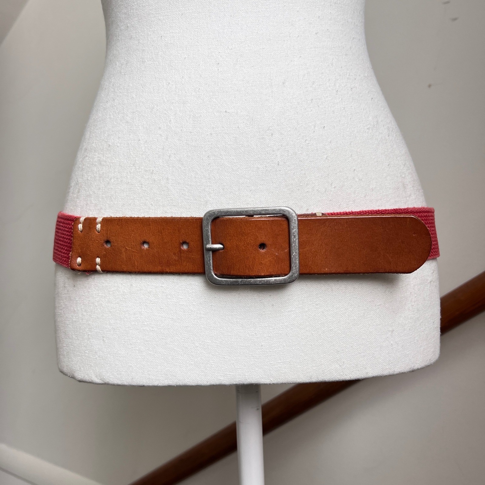Vintage Red Canvas Brown Leather Belt Silver Buckle Preppy Statement