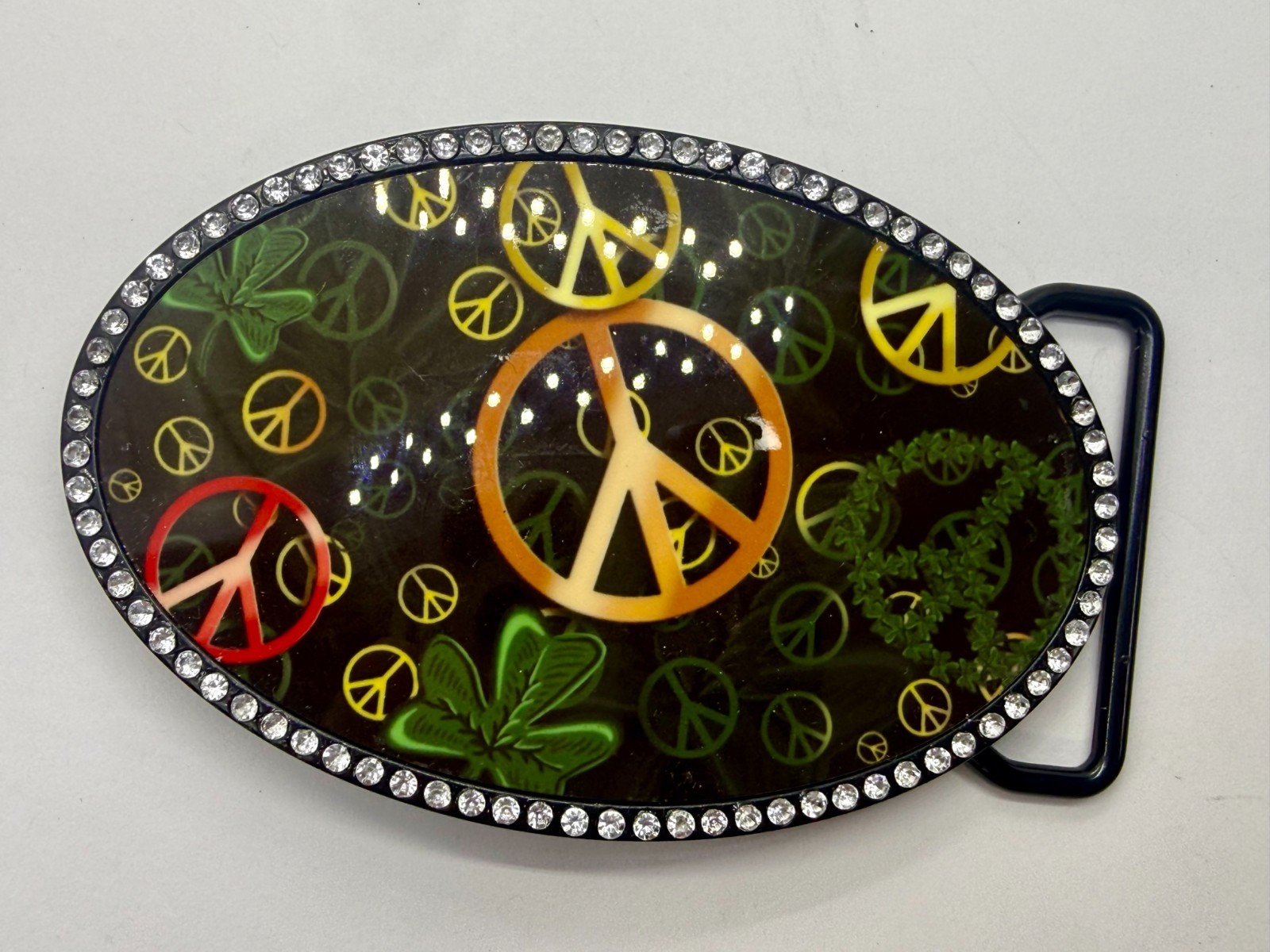 Peace Sign Symbol Four Leaf Clover with Clear Rhinestone Border Belt Buckle