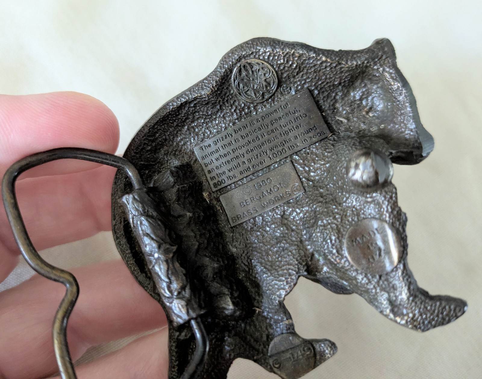 Bergamot Brass Works 1980 Grizzly Bear Brass Belt Buckle Mens Fits 1.5in G149
