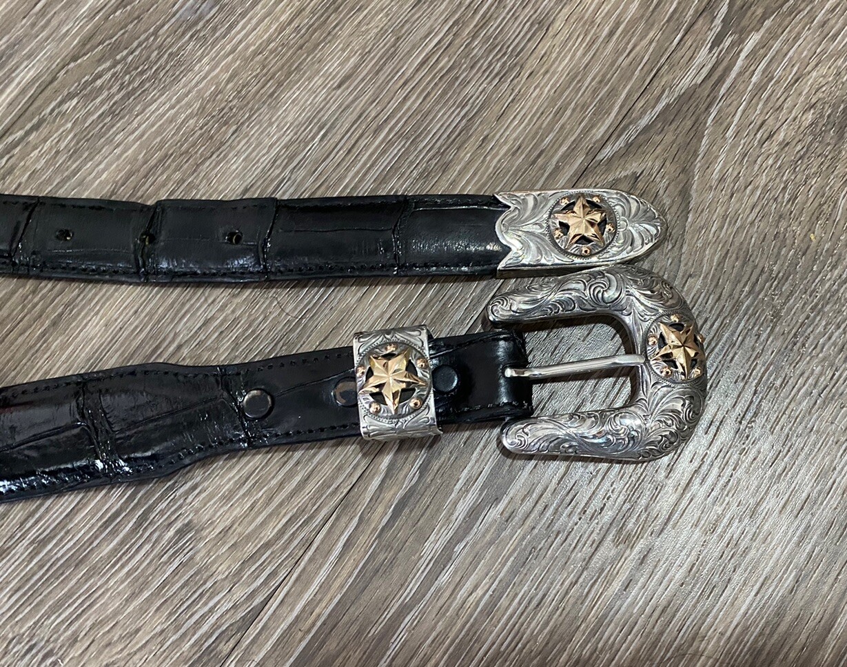 Rare Chet Vogt 14k .925 Sterling Belt Buckle Set XL cowboy Star BLK ✅