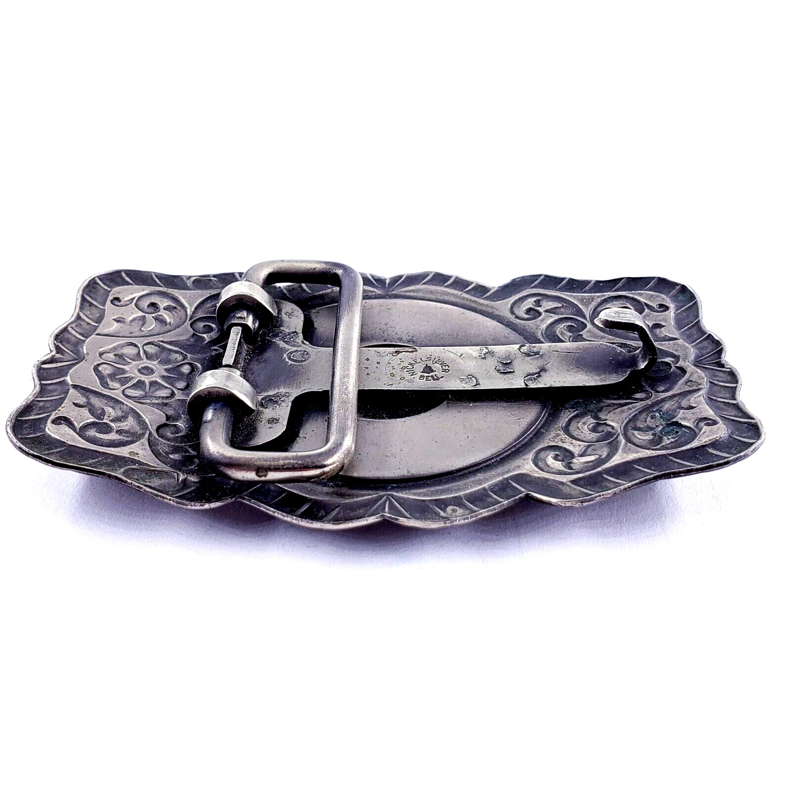 NICKEL SILVER BELL Vintage 1926 Morgan Dollar Coin Ornate Belt Buckle 3.25×1.25&Prime;