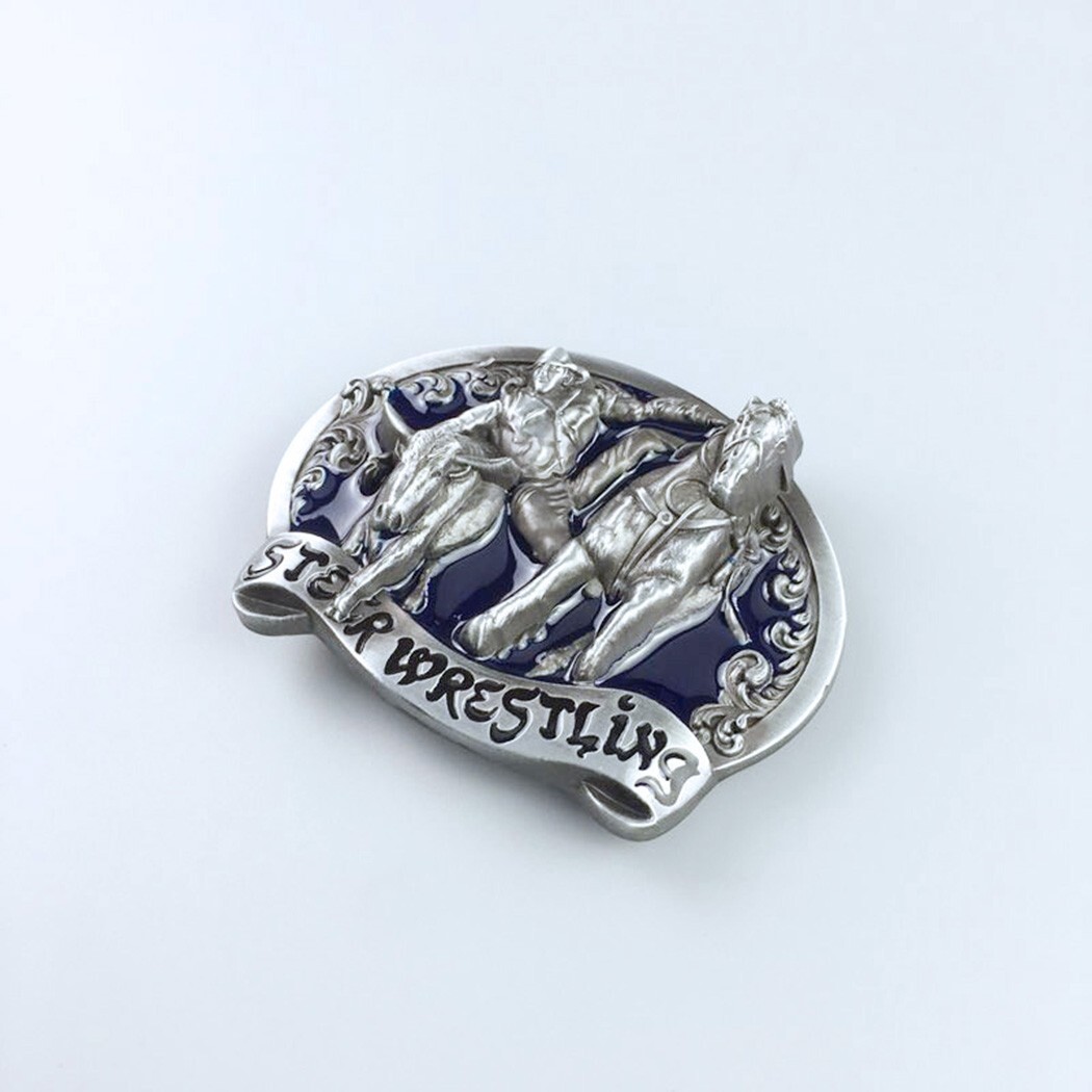 Blue Enamel Rodeo Steer Wrestling Western Belt Buckle Boucle de Ceinture