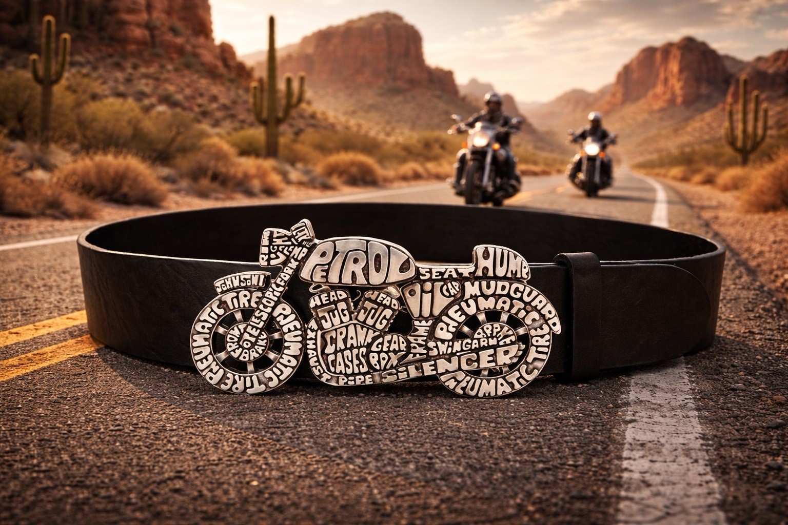 Motorcycle Typography Belt Buckle – Antique Silver Zamak, Biker Gift