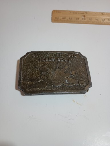 Vintage Quaker State Open Forum Bowl Bowling Belt Buckle Hit Line USA Metal