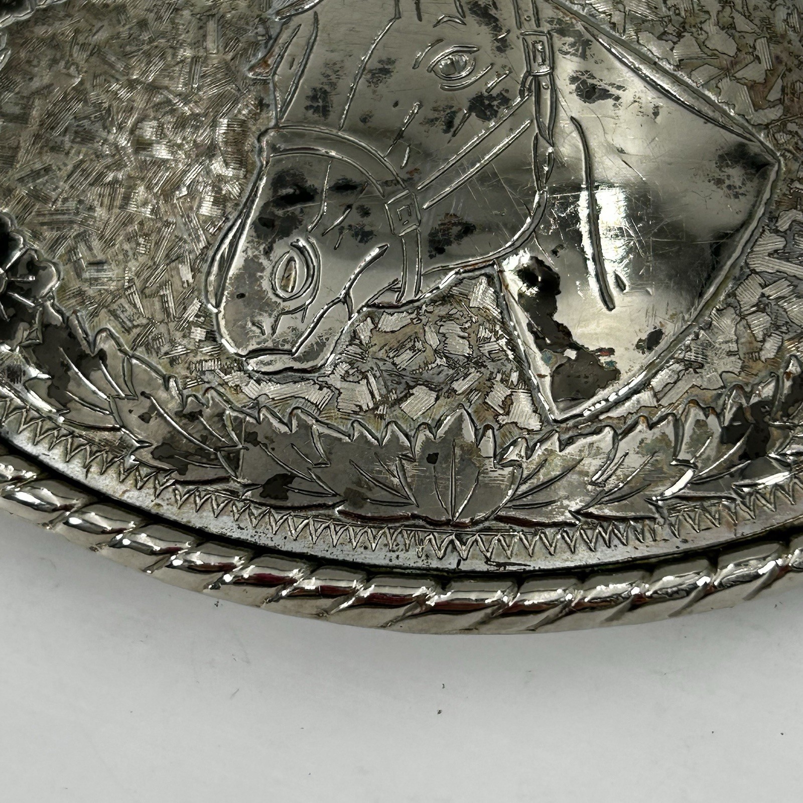 Vintage W Horse Head Belt Buckle Silver Tone Floral Rope Edge Made in USA