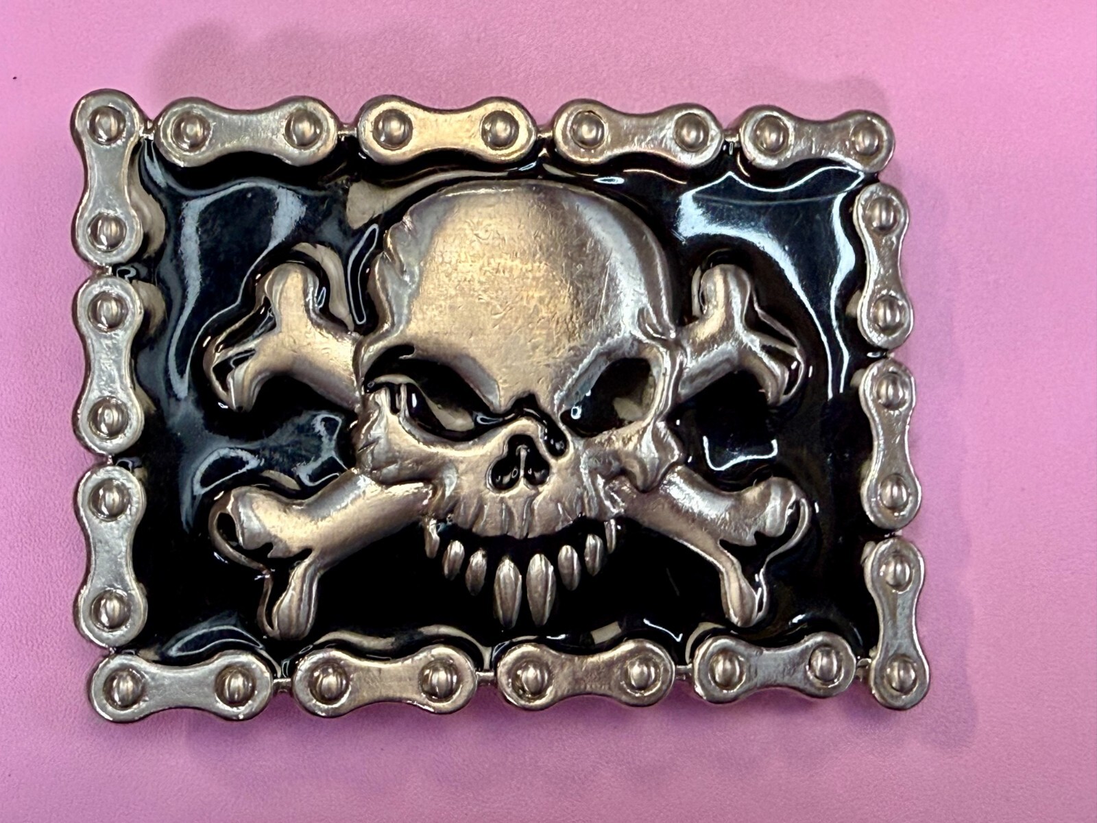 Skull & Crossbones Biker Chain Boarder FAST Halloween Vintage Belt Buckle