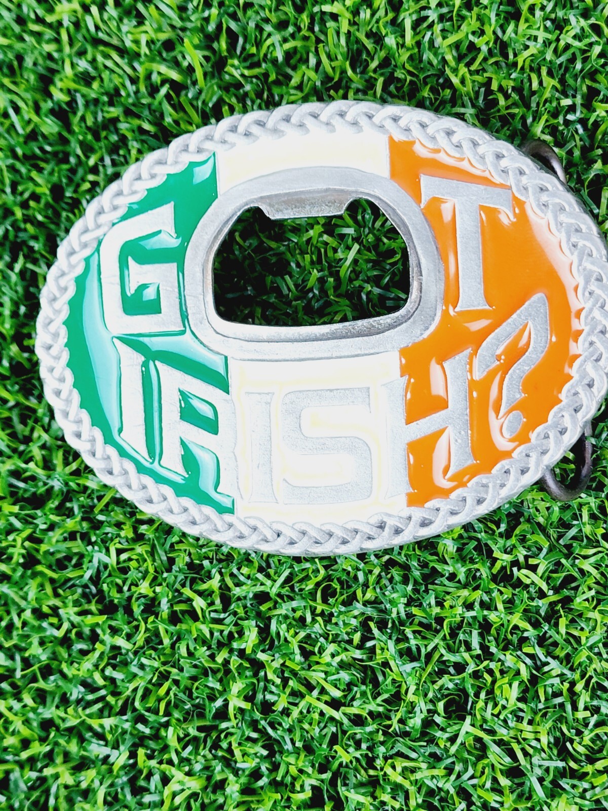Bergamot Belt Buckle Got Irish Ireland flag Colors 2005 and bottle opener Pewter