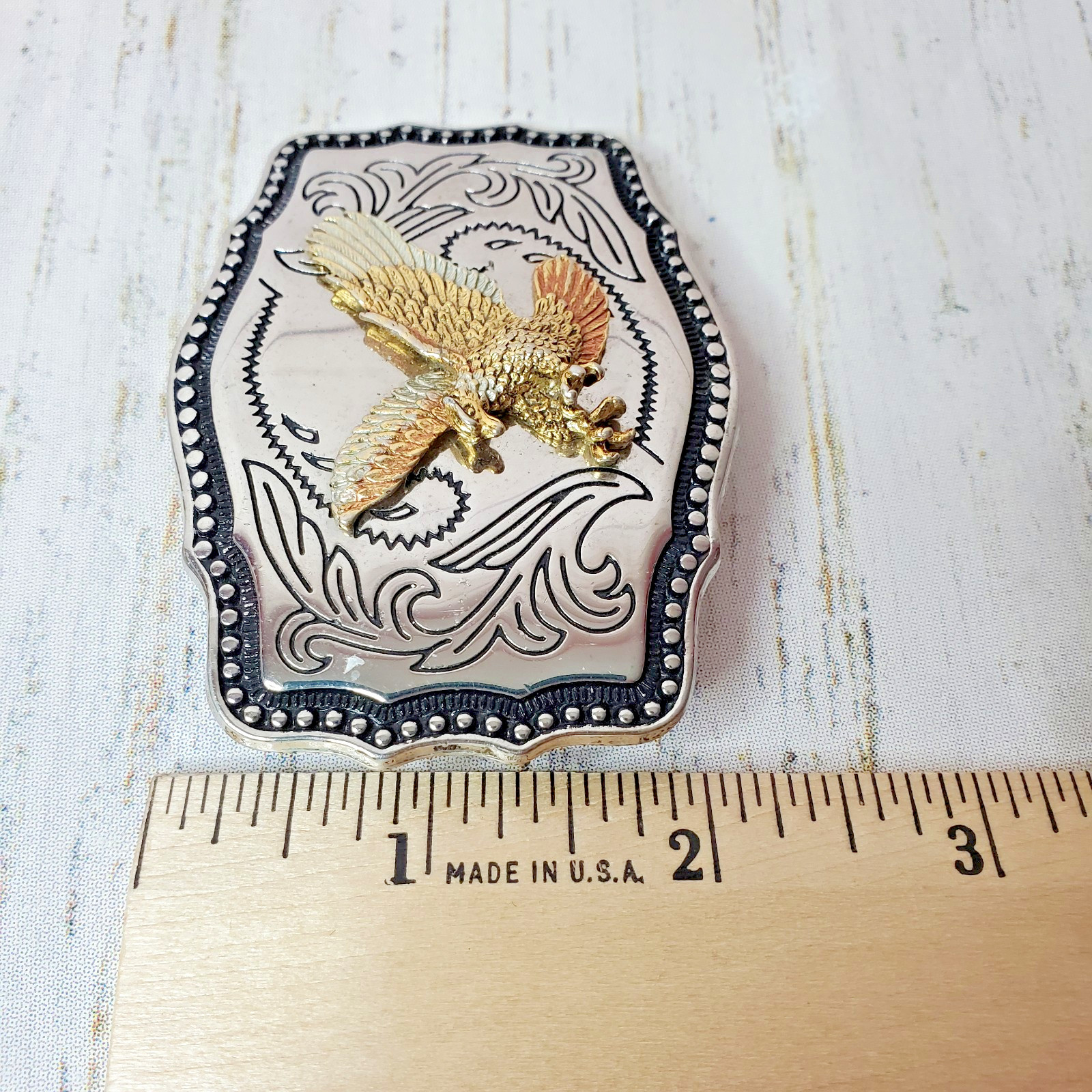 Vintage Western Eagle Belt Buckle Two Tone Silver Gold Cowboy Rodeo Scrollwork