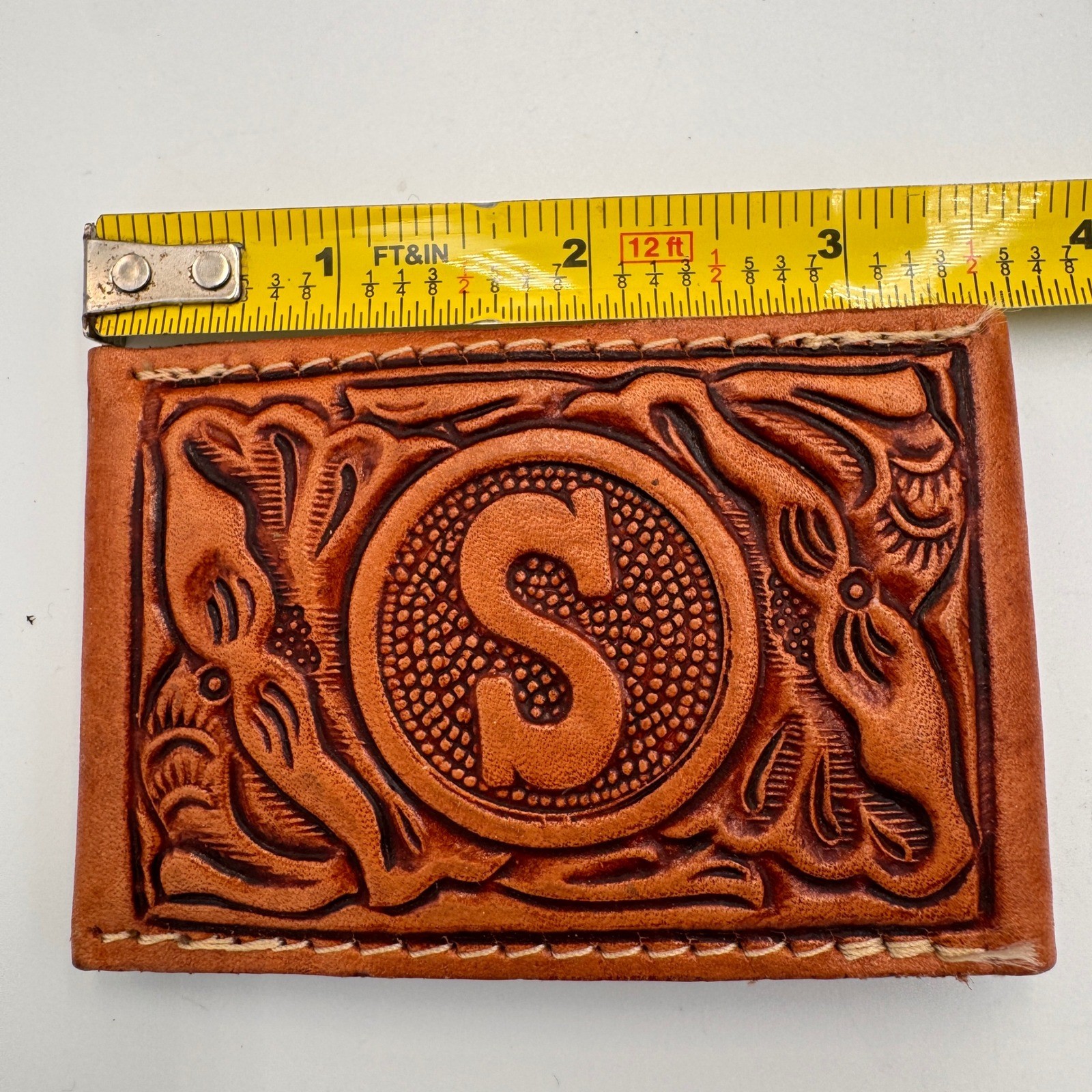 Vintage Hand Tooled Leather Belt Buckle Monogram Initial S Western Floral Tan