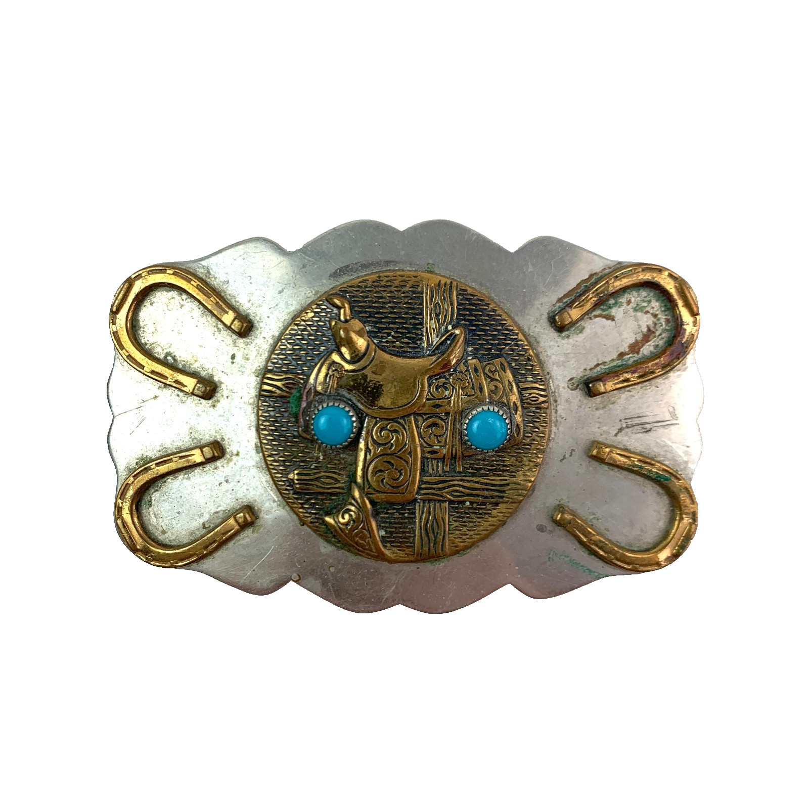 Vintage Nickel Silver Horseshoe Saddle Blue Gem Western Metal Belt Buckle