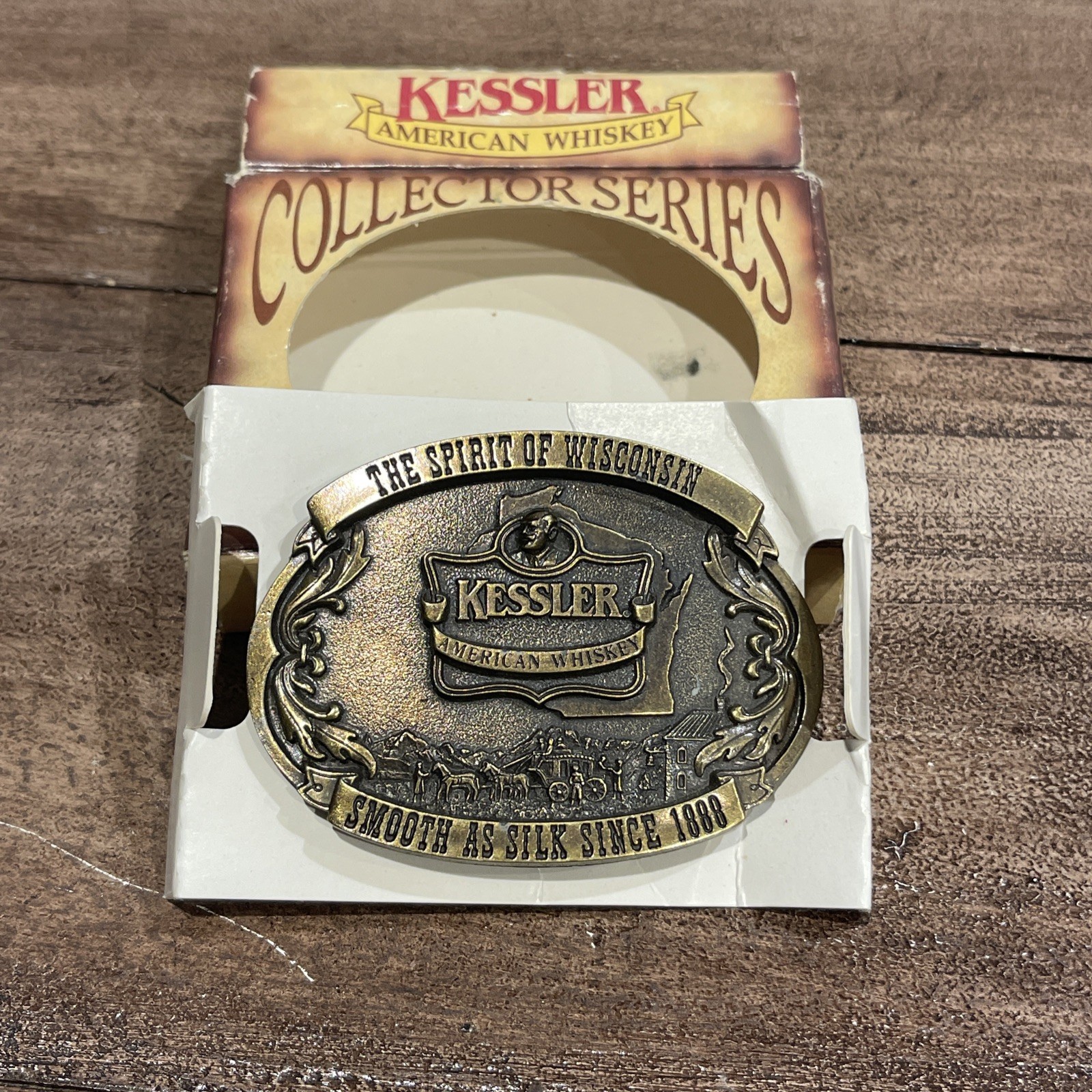 Kessler American Whiskey Spirit Wisconsin Brass Belt Buckle 1993 Limited Ed. Vtg