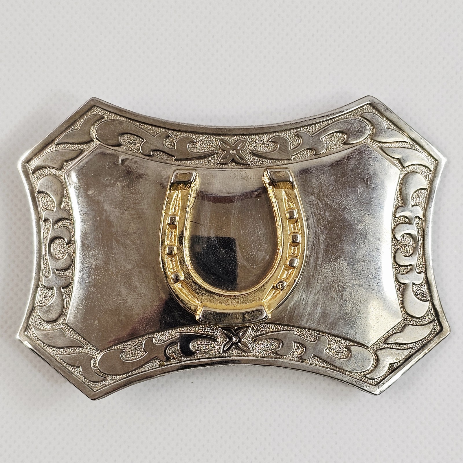Chrome Horseshoe Belt Buckle Scroll Border Flared Ends Equestrian Vtg