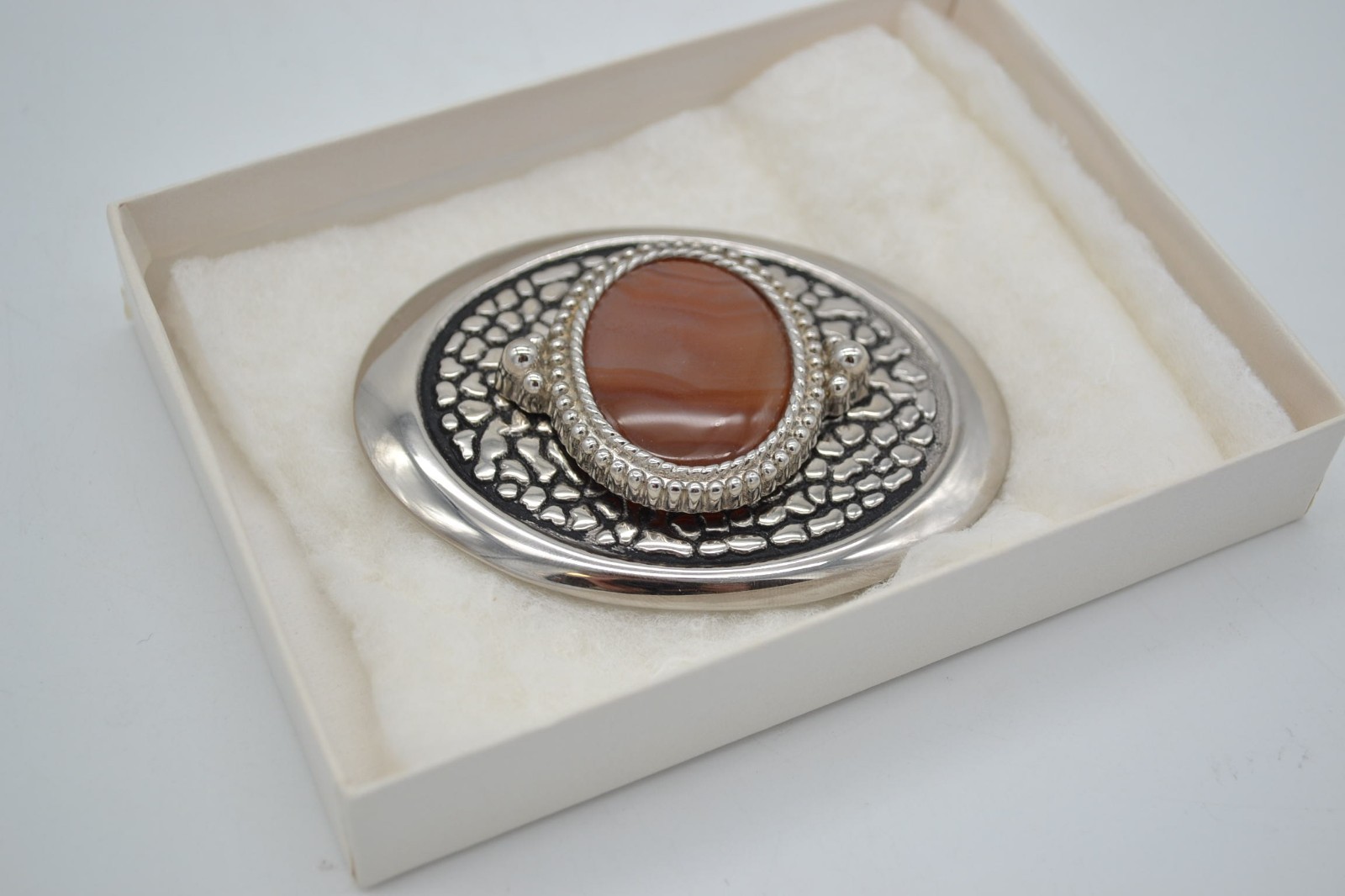 Agate Stone Belt Buckle 3.5 Inch Buckle Large Silver Made In USA Vintage