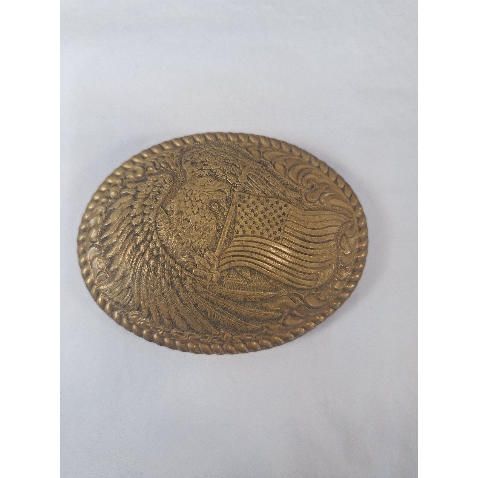 Vintage Crumrine Mfg Brass Belt Buckle American Eagle Flag Western Reno NV USA