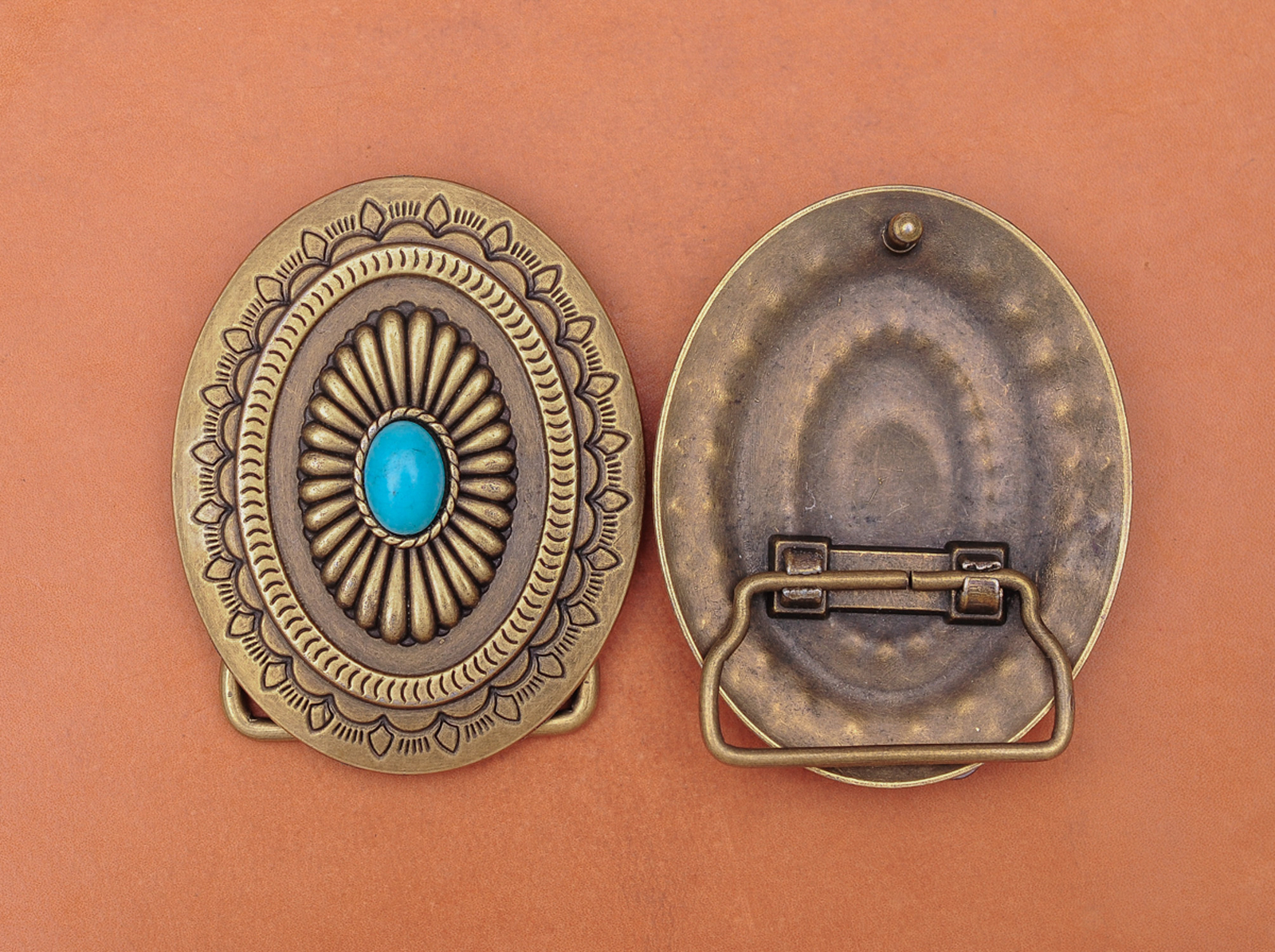 Vintage Brass Southeast Indian Tribal Flower Turquoise Leather Belt Buckle Huge