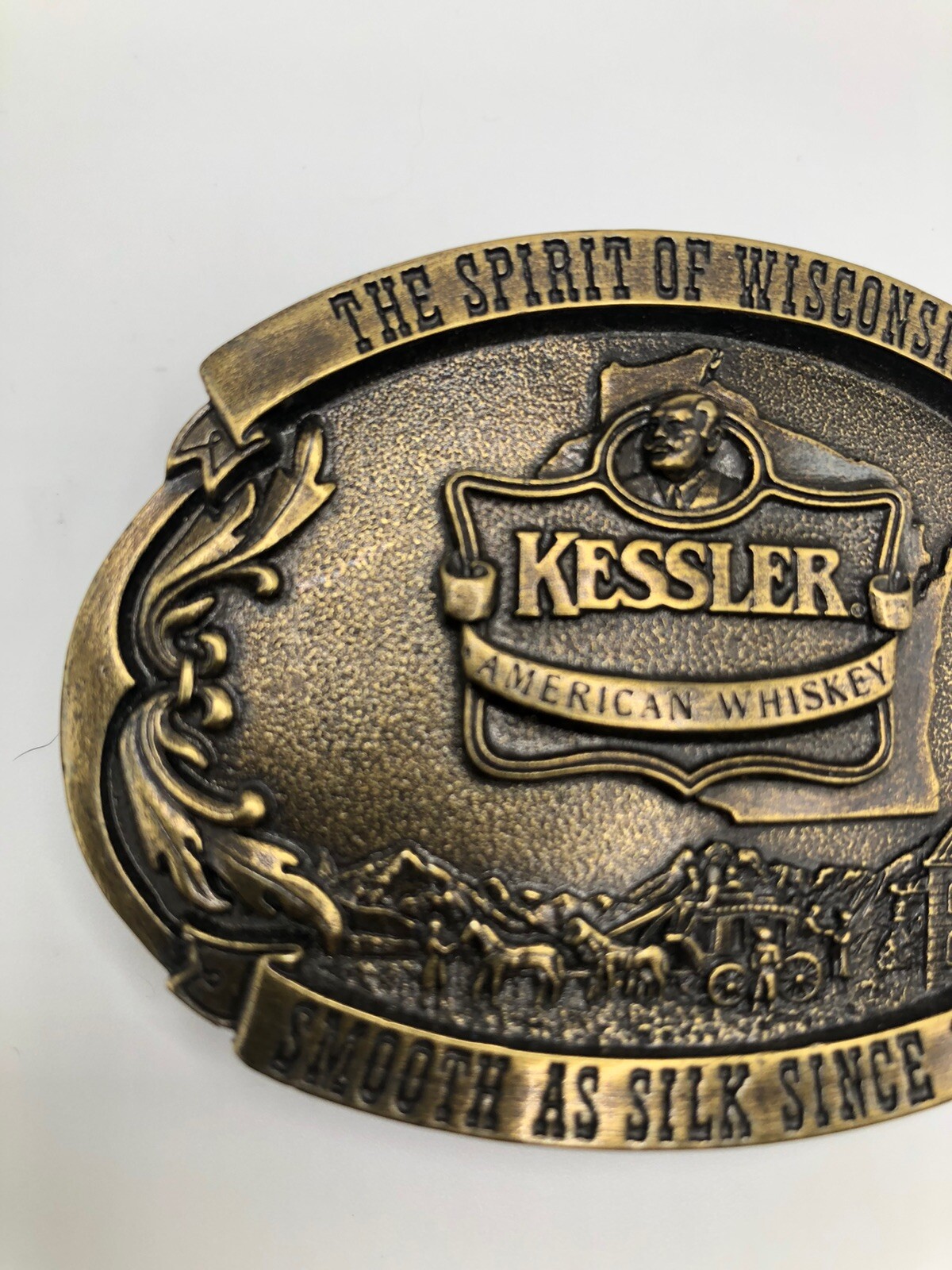 Vintage Belt Buckle Kessler Whiskey Spirit of Wisconsin Solid Brass Western