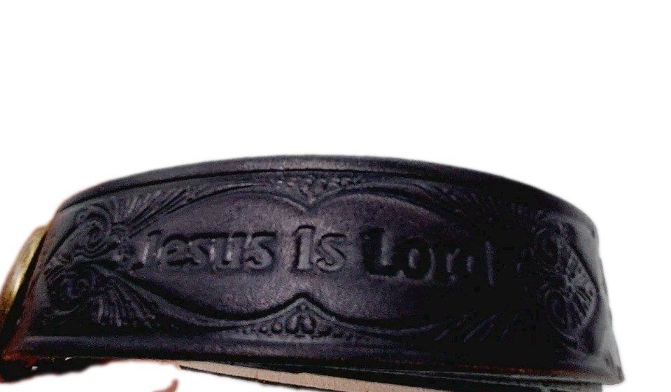 Jesus Is Lord Belt Black Length 57&Prime; Etched Gold Tone Buckle