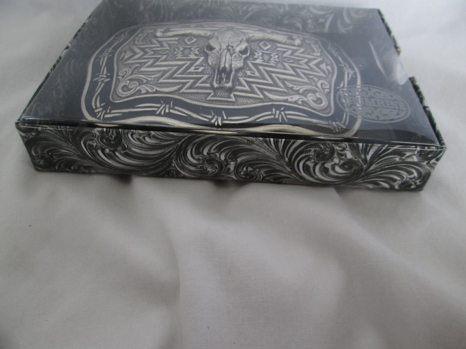 NEW Crumrine Western LONGHORN Steer Skull Belt Buckle In Box Silver Tone