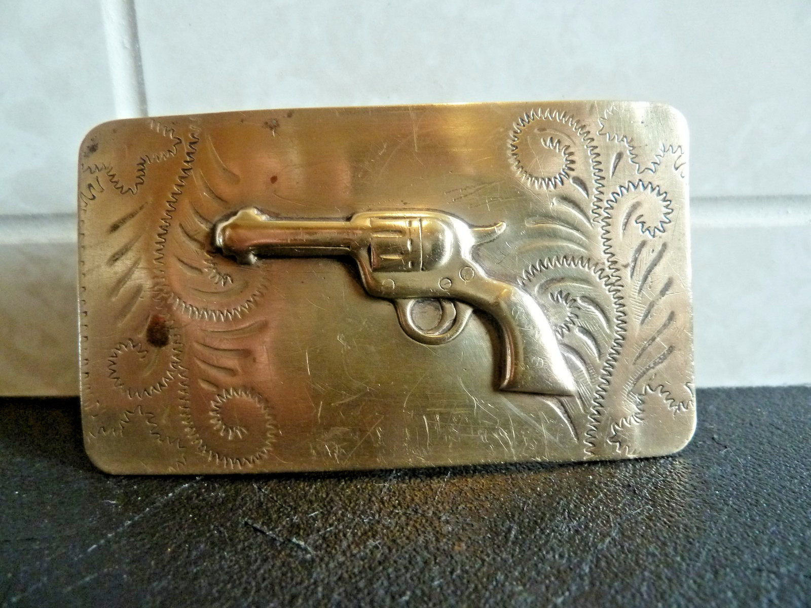 Vintage Western Brass Belt Buckle Embossed Revolver Gun Pistol Solid Bar RARE